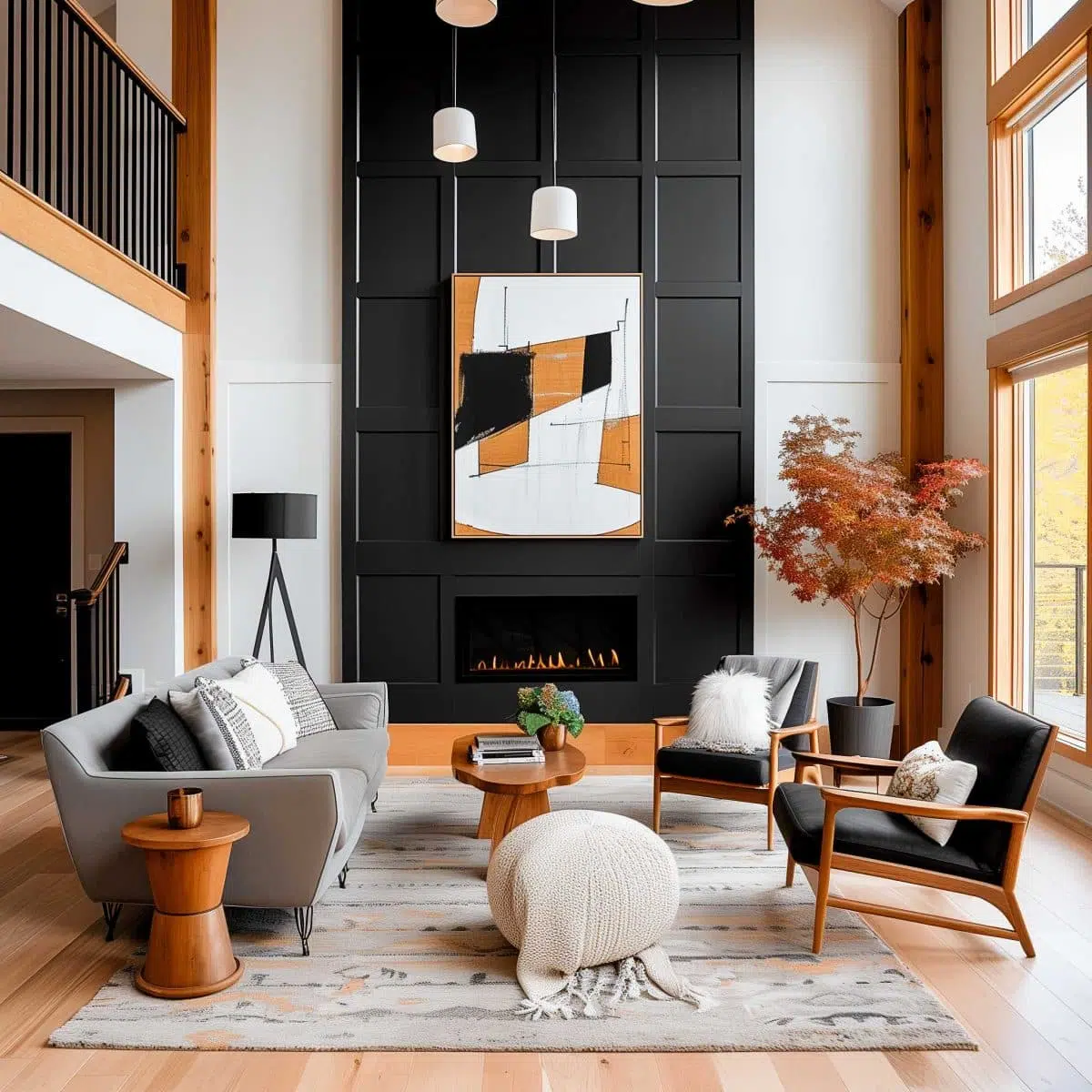 black_fireplace_wall (17) A modern living room with a high ceiling, featuring a black accent wall with a geometric art piece. The space includes a gray sofa, two black chairs, a round wooden coffee table, a pouf, and a black floor lamp. Large windows and a balcony provide natural light.