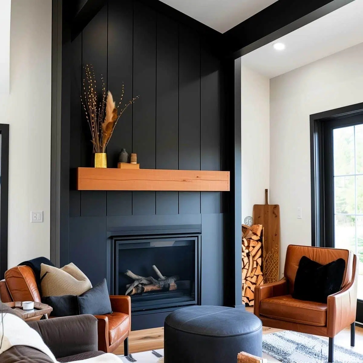 black_fireplace_wall (18) A cozy living room features a black shiplap-paneled fireplace with a wooden mantel adorned with decorative vases and dried foliage. Brown leather armchairs, a black ottoman, and a pile of firewood enhance the warmth and modern aesthetic of the space.