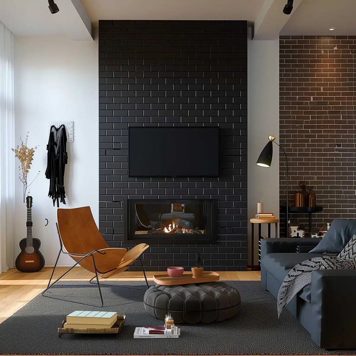 black_fireplace_wall (2) A modern living room features a black brick accent wall with a mounted TV above a sleek fireplace. The room includes a tan leather chair, a black sofa, a guitar, a round ottoman, and a floor lamp, with decorative items like books, plants, and a throw blanket.