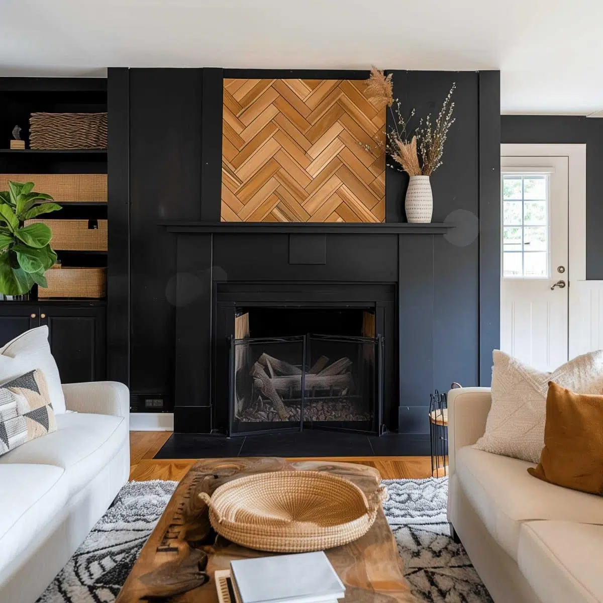 black_fireplace_wall (21) A cozy living room features a black fireplace with a wooden herringbone-patterned panel above it, accessorized with a white vase of dried grasses. Two cream sofas, a wooden coffee table with a woven tray, a potted plant, and built-in shelves complete the space.