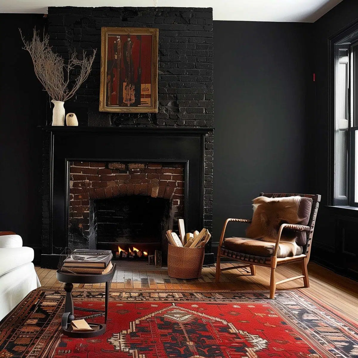 black_fireplace_wall (22) A cozy living room with dark walls features a lit fireplace set in a black brick mantel with a painting above it. The room includes a decorative red rug, a wooden armchair with a fur throw, a white couch, and a basket of firewood. A small side table holds books.