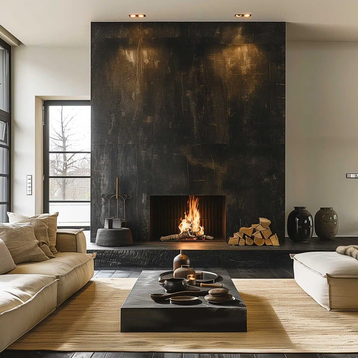 black_fireplace_wall (24) A modern living room with a large, dark stone fireplace as the focal point. The fire is lit, and there are logs stacked beside it. The room is furnished with beige sofas, a dark coffee table with decor, and a neutral rug. Large windows let in natural light.