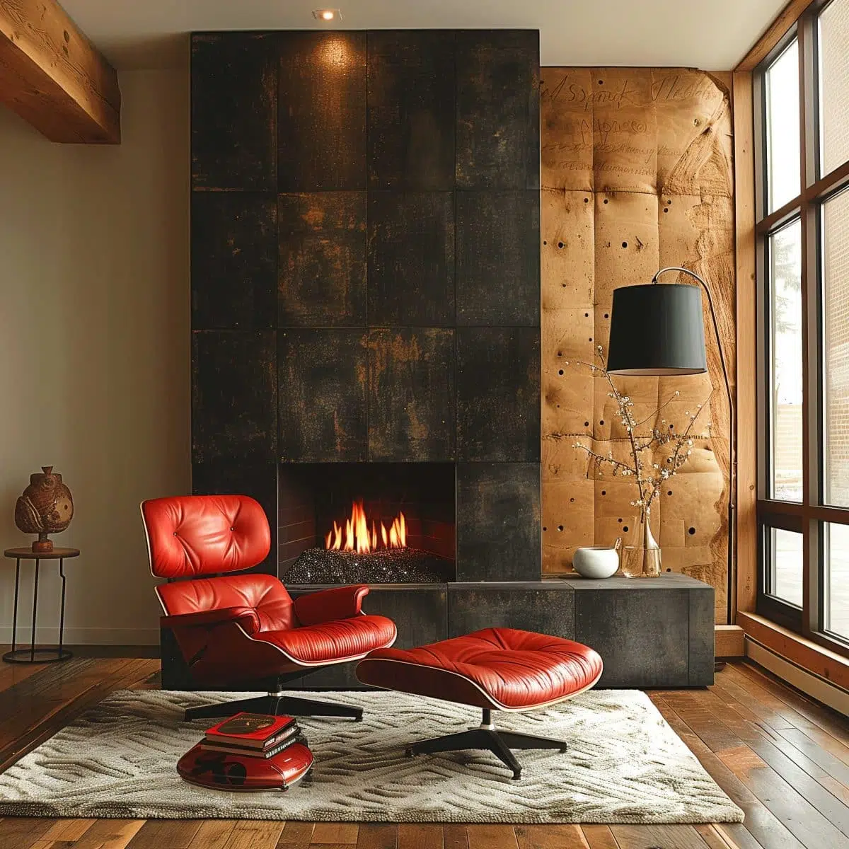 black_fireplace_wall (25) A cozy modern living room features a black fireplace with a roaring fire. In front, a red leather lounge chair with a matching ottoman rests on a patterned rug. A large window to the right lets in natural light. A black floor lamp and side table with a vase complete the setting.