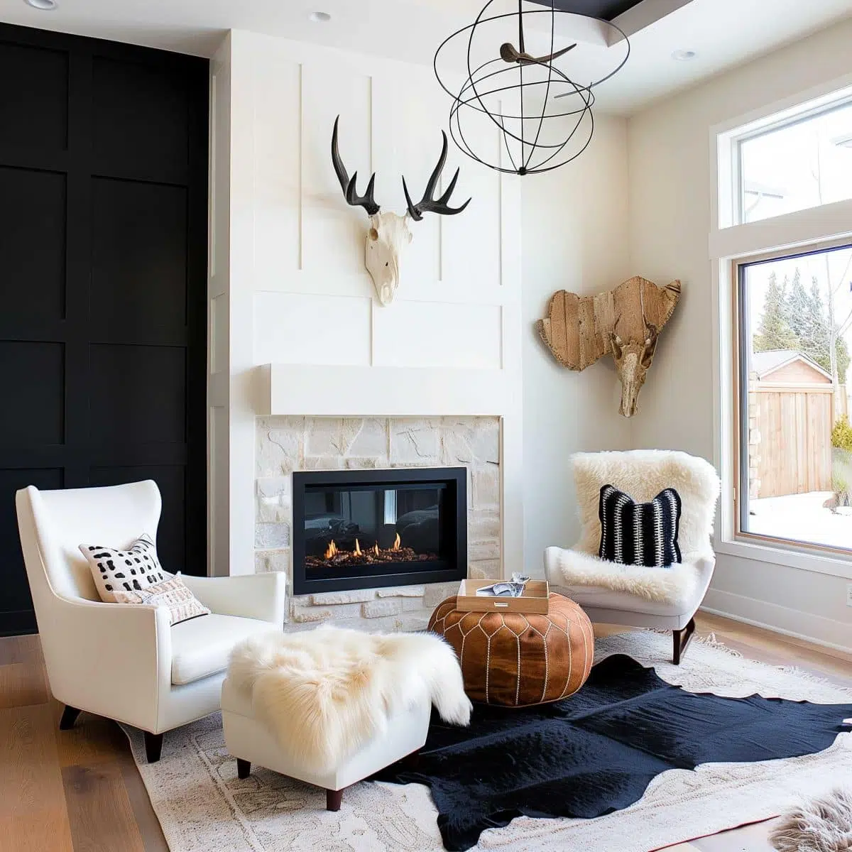 black_fireplace_wall (26) Modern living room featuring a gas fireplace with a white mantle, flanked by a white armchair and ottoman draped with fur throws. A leather pouf sits on a black and white rug. Decorative sculptures of a deer and a geometric light fixture adorn the space. Large windows provide natural light.