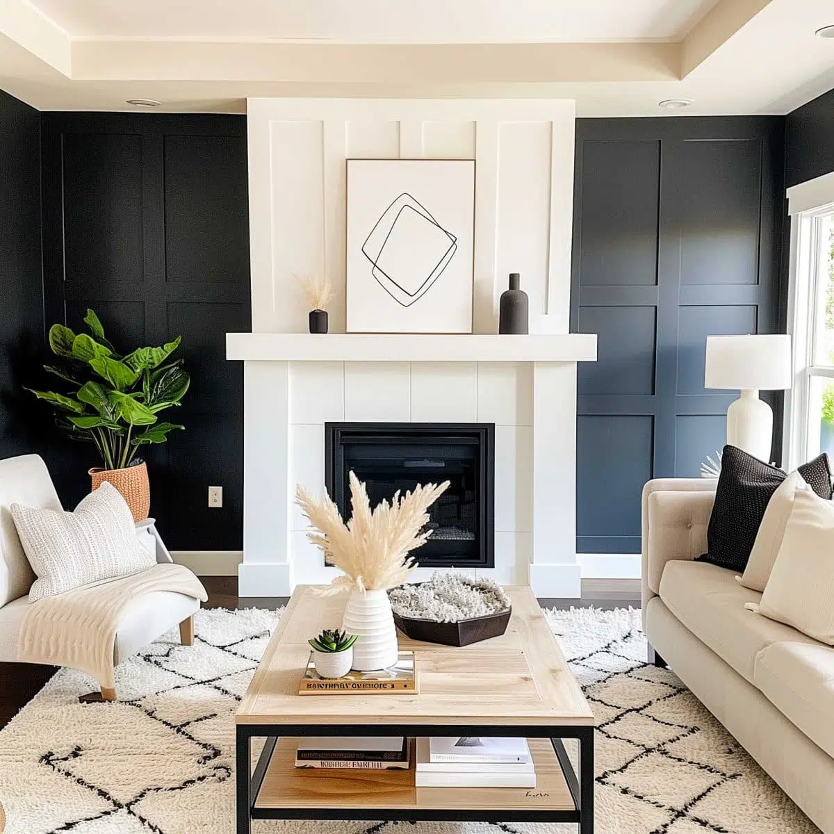 black_fireplace_wall (27) A modern living room features a white fireplace against a dark accent wall, flanked by a potted plant and minimalist decor. The space includes light-colored sofas, a geometric rug, and a wooden coffee table with decorative items, including a vase with pampas grass.