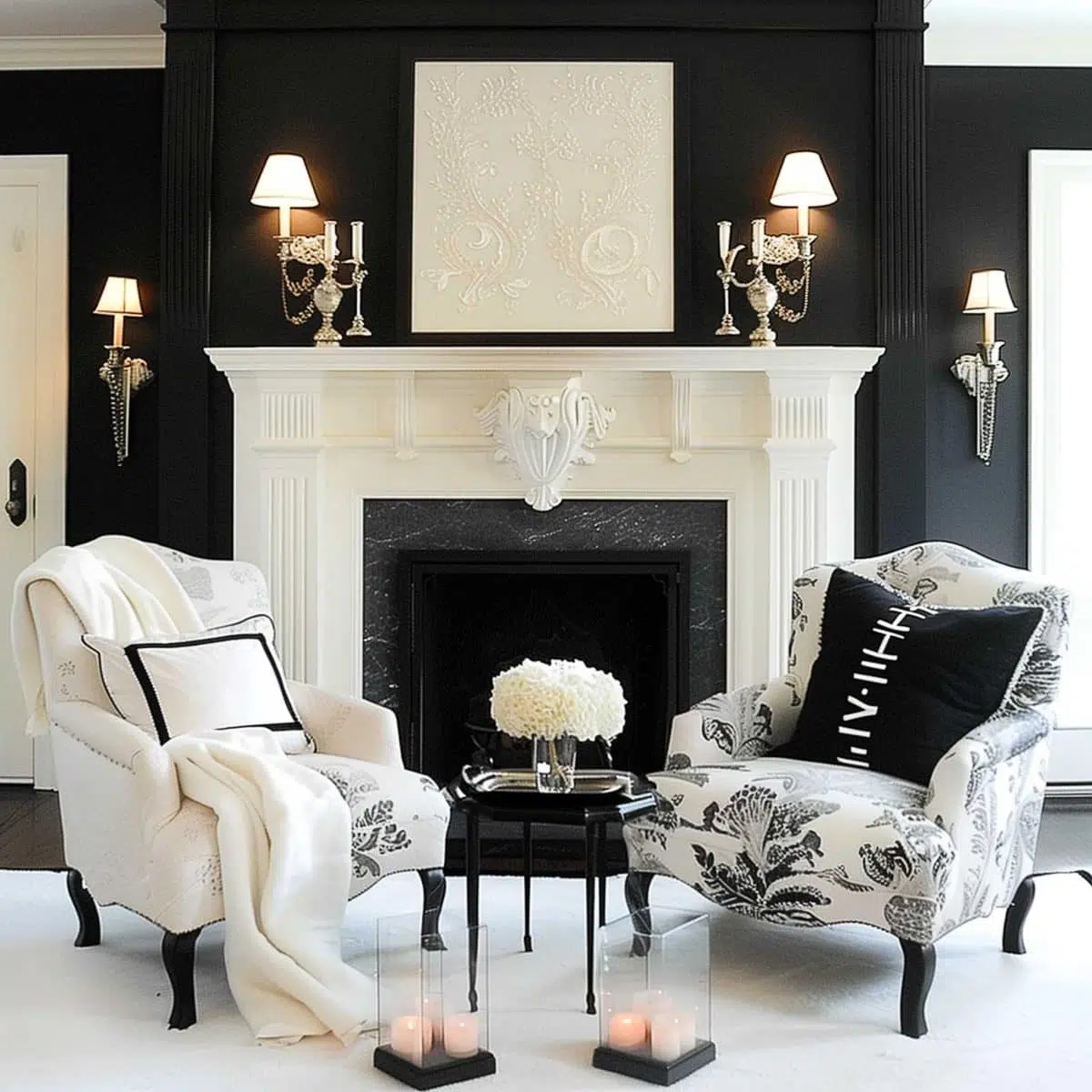 black_fireplace_wall (29) A stylish living room with two white, floral-patterned armchairs facing each other, a round black side table with a vase of white flowers in between. A white fireplace with black surround, white candles in glass holders, and wall sconces adorn the wall above.