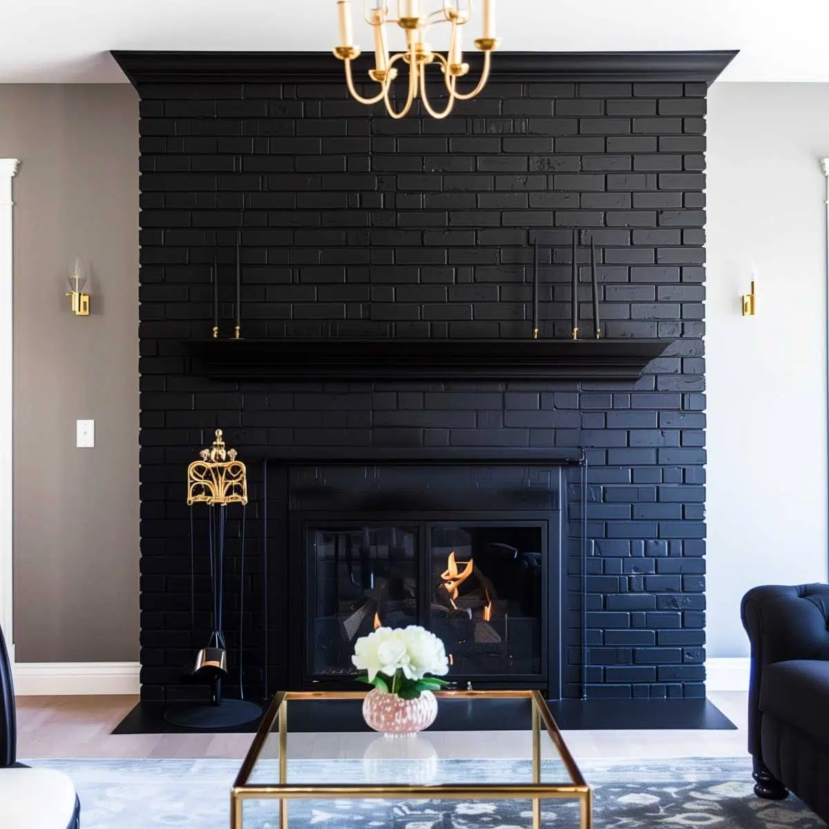 black_fireplace_wall (3) A black brick fireplace with a chandelier and a glass coffee table.