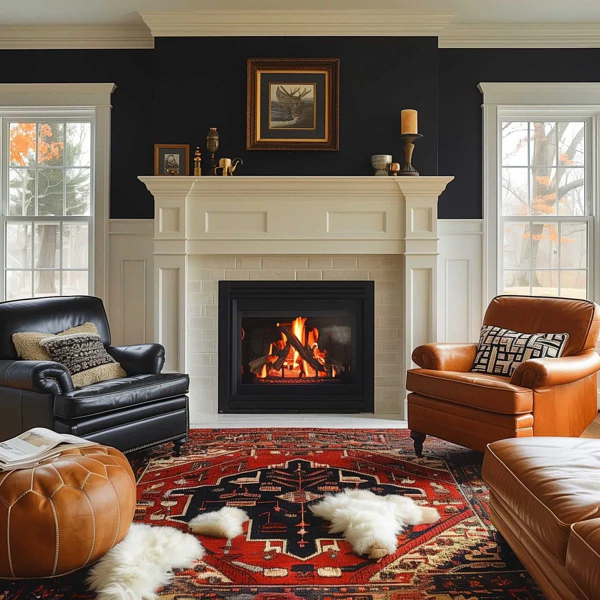 black_fireplace_wall (30) A cozy living room features a lit fireplace with a white mantle and artwork above. Two armchairs, one black and one tan, flank the fireplace on a vibrant red patterned rug. A leather pouf and white furry accents complete the warm, inviting space.