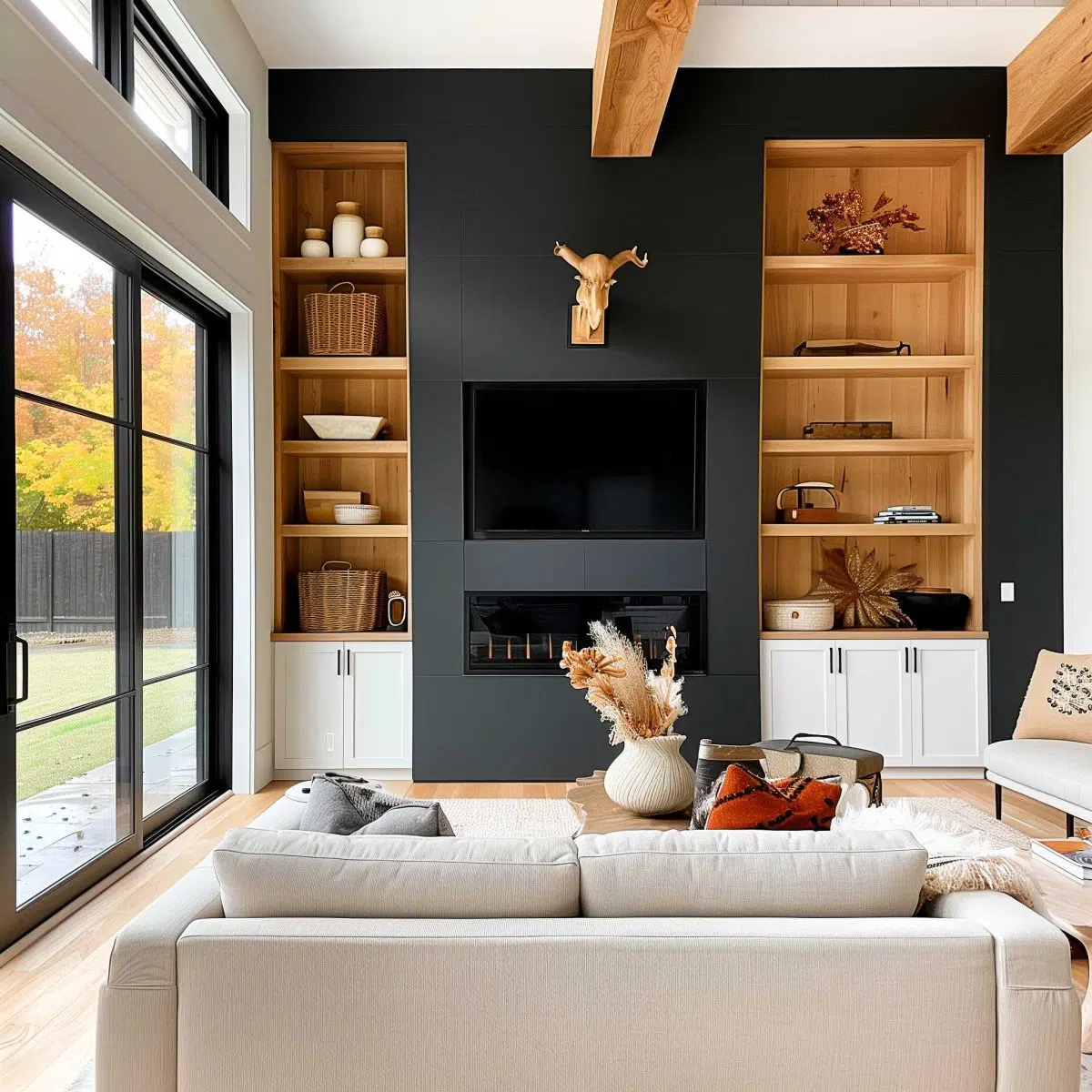 black_fireplace_wall (31) A modern living room features a beige sofa with cushions, facing a wall-mounted flat-screen TV above a fireplace. Wooden shelves on either side display decorative items. Large glass doors on the left let in natural light, revealing an outdoor view with autumn foliage.