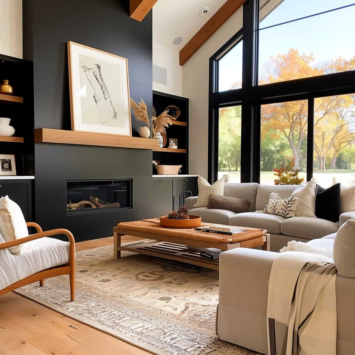 black_fireplace_wall (32) A modern living room featuring a cozy sectional sofa, a wooden coffee table, and a fireplace set against a dark accent wall. Large windows allow natural light to illuminate the space, showcasing a scenic view of autumn trees outside. Various decor pieces complete the scene.