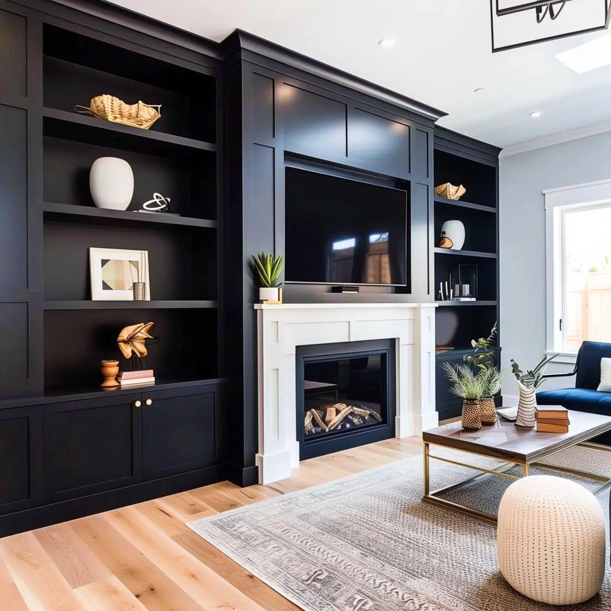 black_fireplace_wall (33) A modern living room features a black built-in entertainment center with bookshelves, a mounted TV, and a white fireplace below. Decor includes vases and framed art. The seating area has a blue sofa, a coffee table with plants, and a pouf on a patterned rug.
