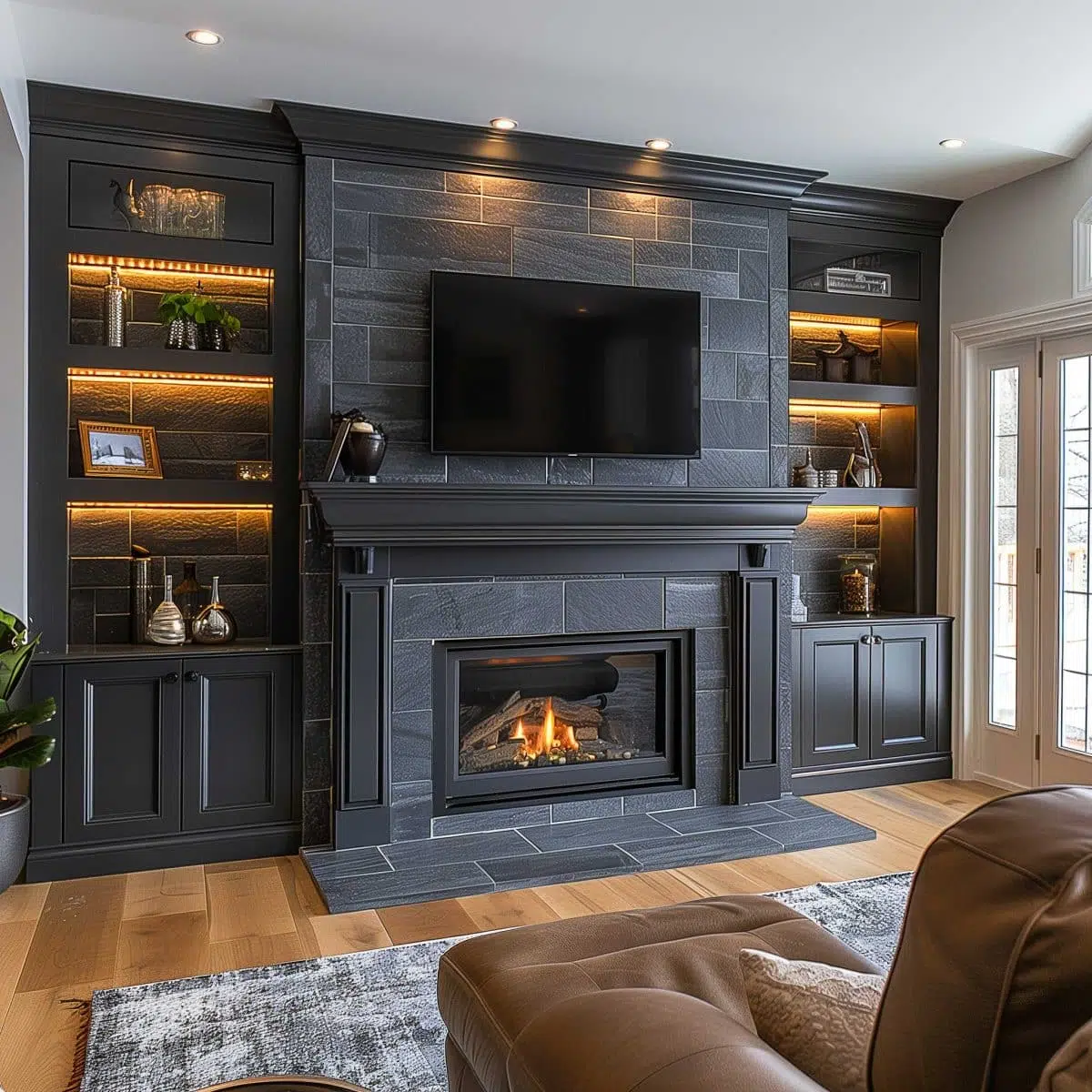 black_fireplace_wall (35) A modern living room features a sleek black fireplace surrounded by gray stone. Built-in shelves with warm lighting flank the fireplace, holding decorative items. Above the fireplace is a wall-mounted flat-screen TV. A cozy seating area is partially visible.