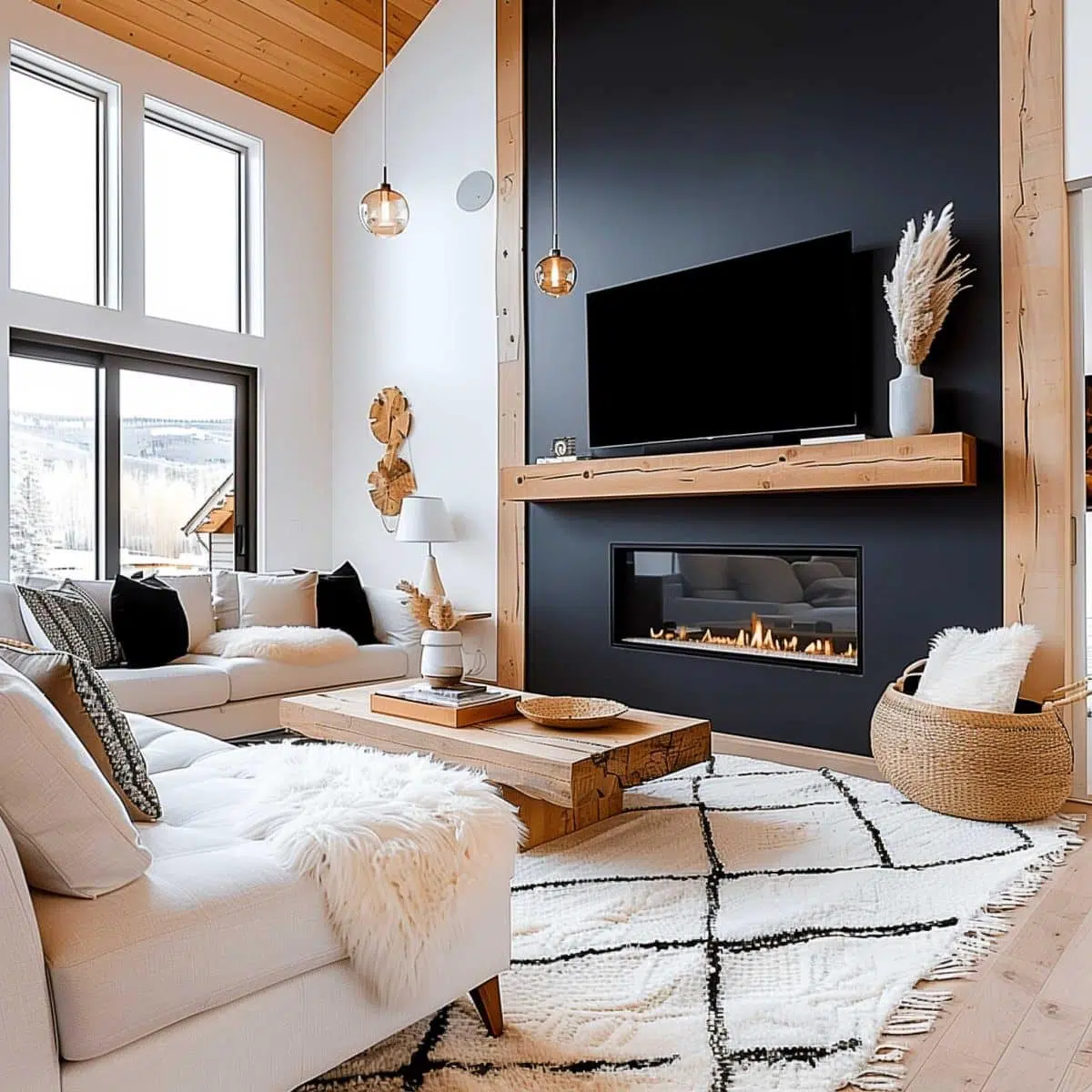 black_fireplace_wall (38) A modern living room features high ceilings, large windows, a black accent wall with a mounted TV, and a minimalist gas fireplace. The space is furnished with a white sectional sofa, wooden coffee table, and neutral decor including pampas grass and geometric rug.