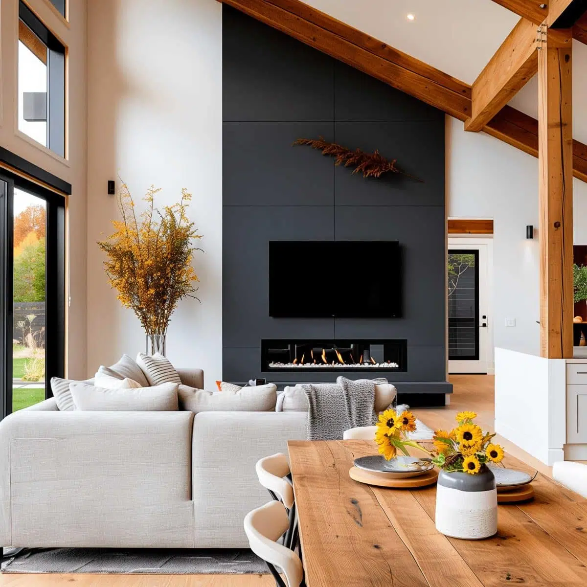black_fireplace_wall (39) A modern living room with a high ceiling and wooden beams. A white sectional sofa faces a wall-mounted TV above a sleek black fireplace. A dining table holds a vase with sunflowers. Large windows illuminate the space, and there's a vase with yellow flowers beside the sofa.