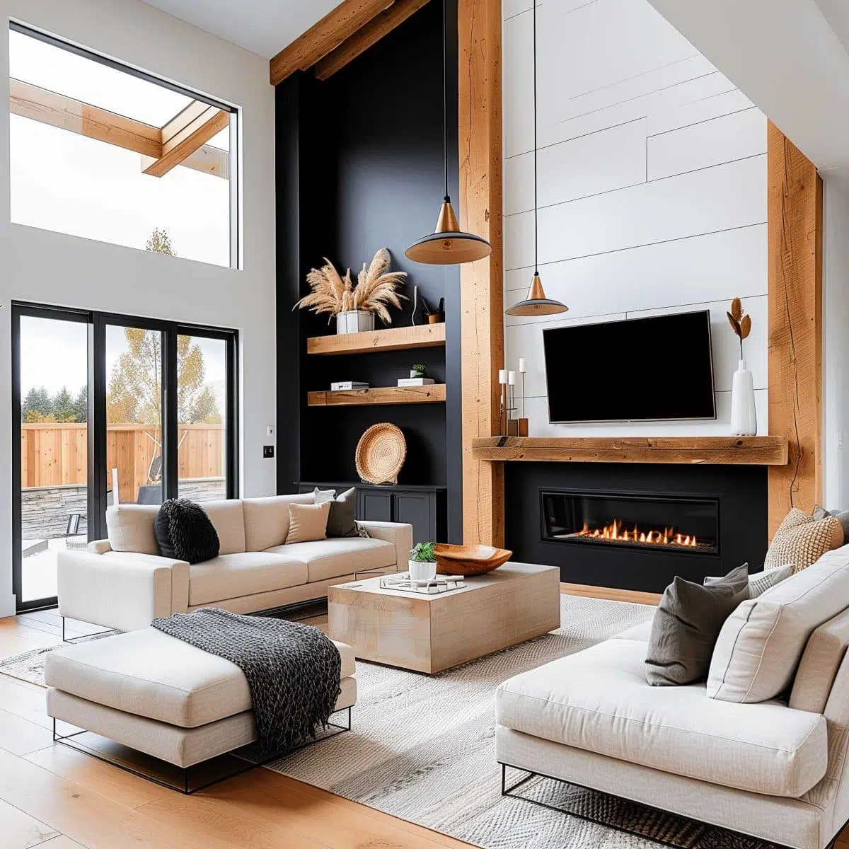 black_fireplace_wall (40) A modern living room with high ceilings features a large black and white fireplace, a wall-mounted TV, and light-colored sofas arranged around a wooden coffee table. Natural light streams through large windows, and decorative shelves display vases and dried plants.
