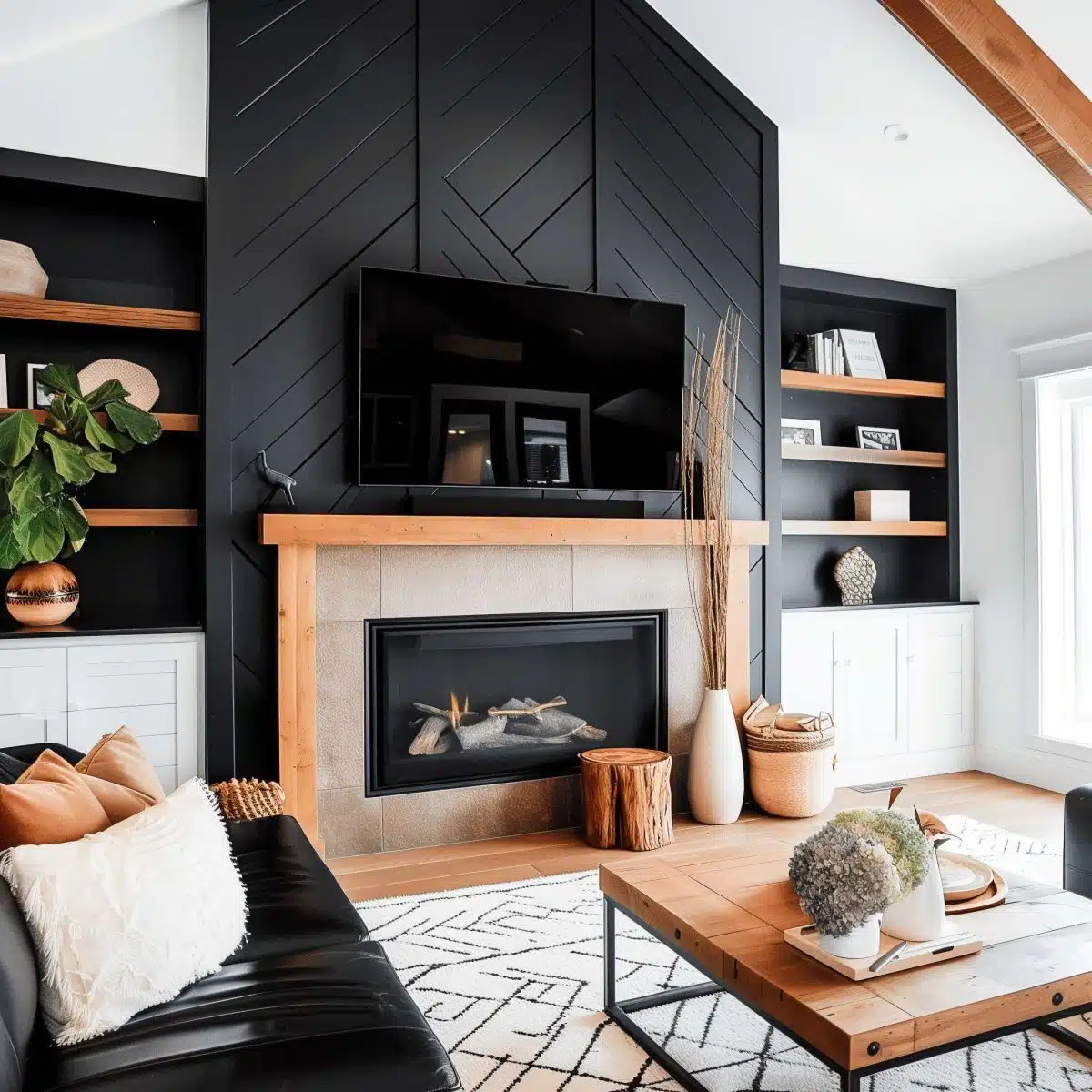 black_fireplace_wall (41) A modern living room features a black accent wall with a large mounted TV above a sleek fireplace. Wooden shelves with decorative items flank the fireplace, and a black leather sofa, wooden coffee table, and patterned rug complete the cozy, stylish space.