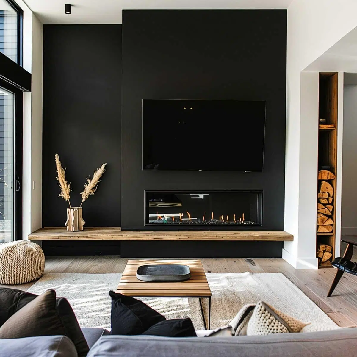 black_fireplace_wall (43) Modern living room with a sleek black accent wall featuring a mounted flat-screen TV above a horizontal gas fireplace. The room includes a low wooden coffee table, neutral-colored armchairs, a pouf, and a vase with dried plants. Firewood is stored in an open shelf.