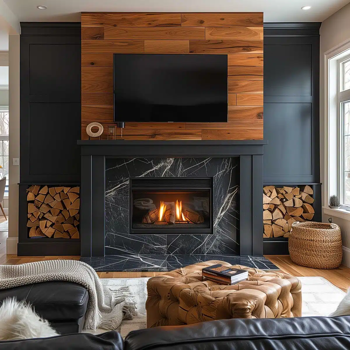 black_fireplace_wall (44) A cozy living room featuring a modern black and wooden fireplace with a burning fire. Above the fireplace is a mounted flat-screen TV. Firewood is stored in built-in shelves on either side. The room includes a leather couch, a tufted ottoman, and a woven basket.