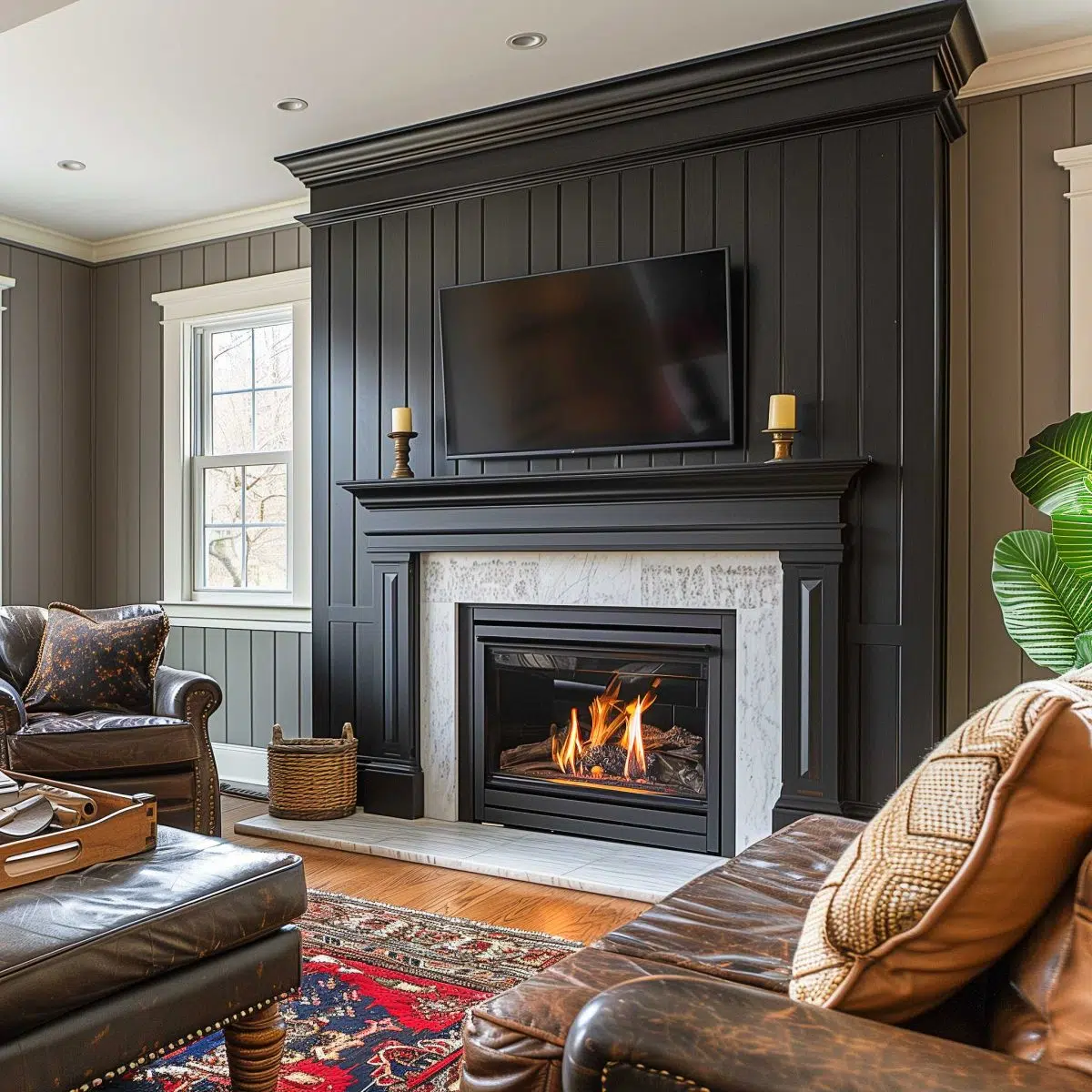 black_fireplace_wall (45) A cozy living room with dark gray paneled walls featuring a fireplace with lit logs and a TV mounted above it. Leather sofas with cushions surround the fireplace, and a colorful rug covers the wooden floor. A large green plant is positioned in the corner.