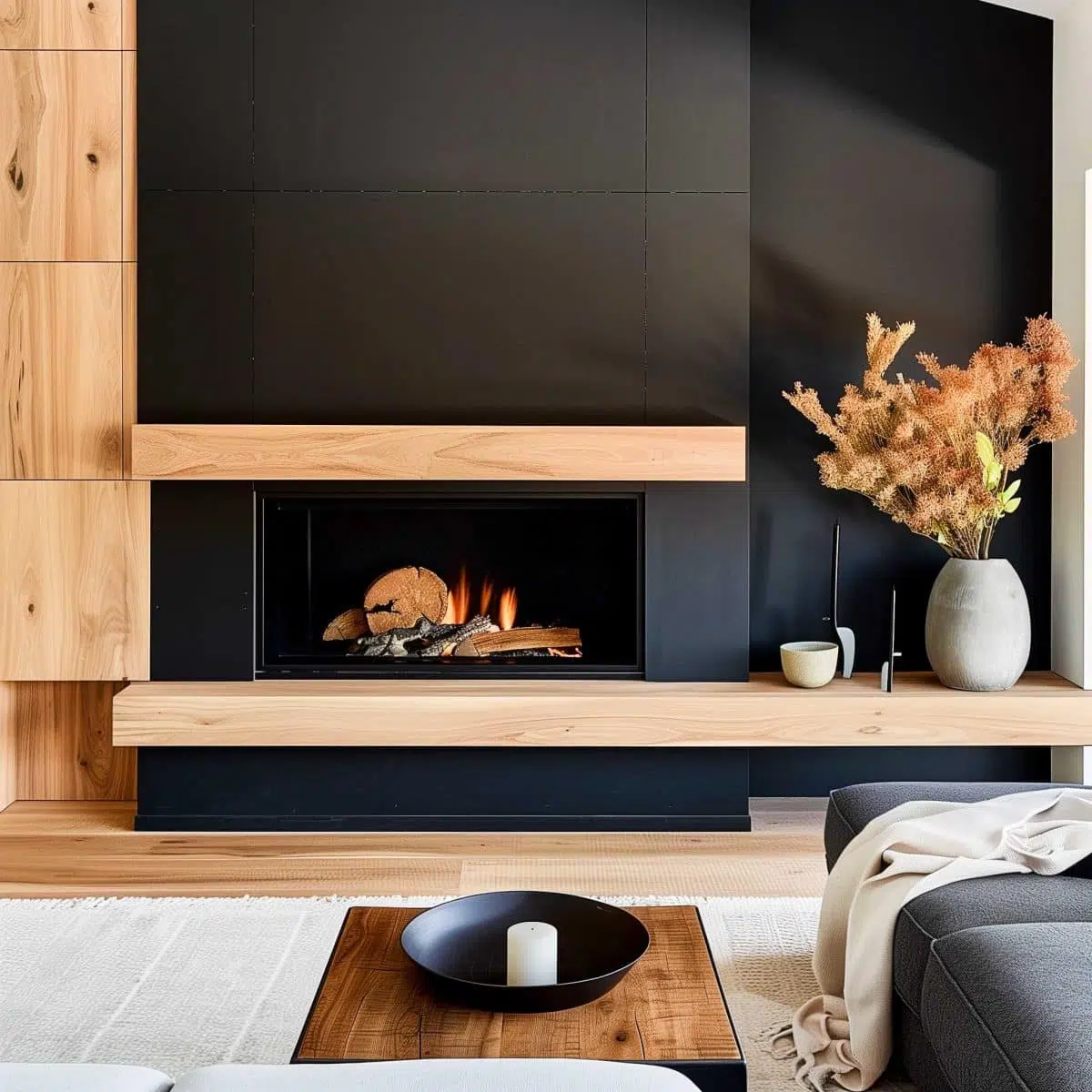 black_fireplace_wall (46) A modern living room features a sleek fireplace integrated into a black wall, adorned with a light wooden mantle and hearth. A vase with dried flowers and pottery decor pieces sit on the mantle. In the foreground, a wooden coffee table with a candle completes the cozy scene.