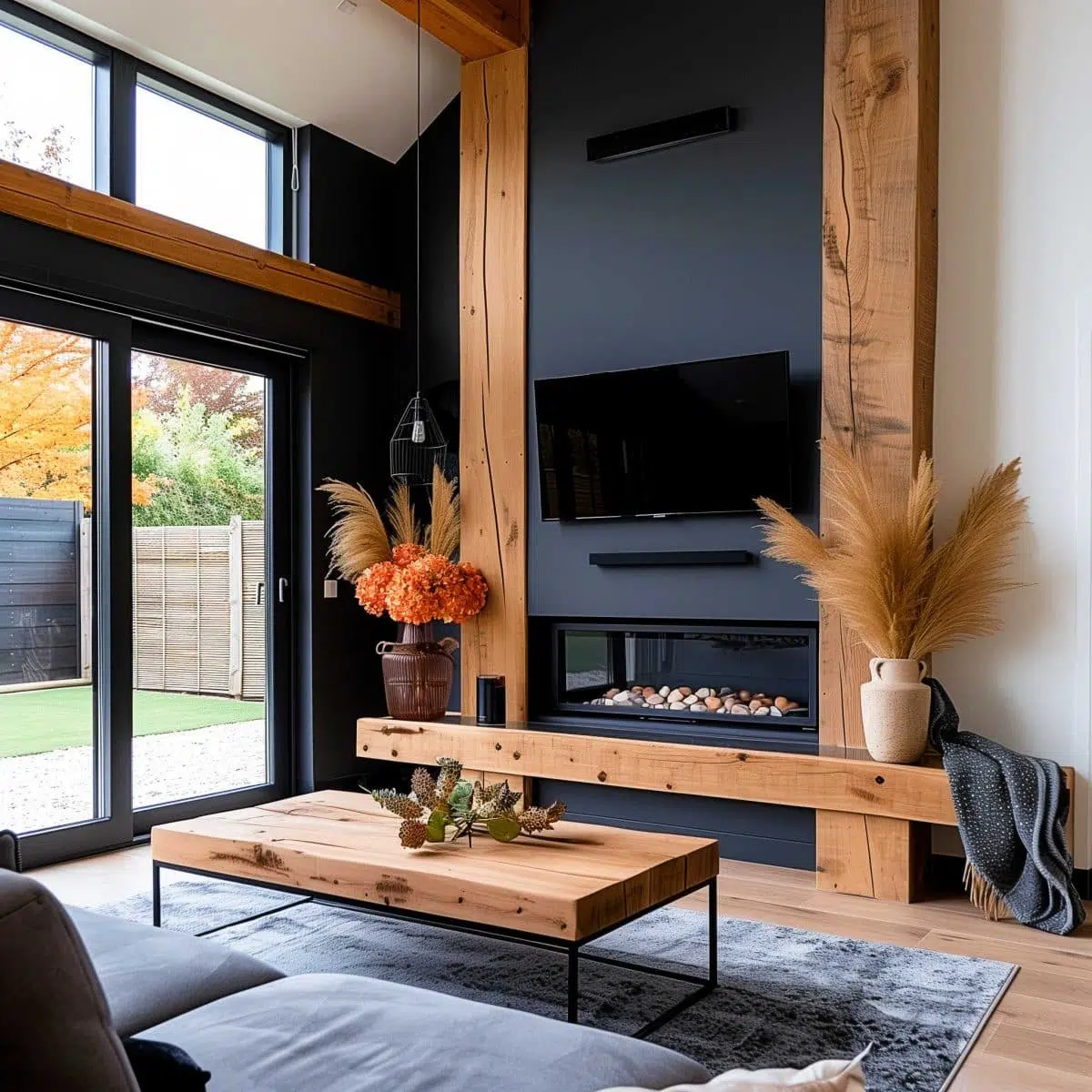 black_fireplace_wall (47) A modern living room with a sleek black accent wall featuring a mounted TV and a linear fireplace. There are large windows with a view of a garden, a wooden coffee table with a floral centerpiece, and autumn decorations including pampas grass and orange flowers.