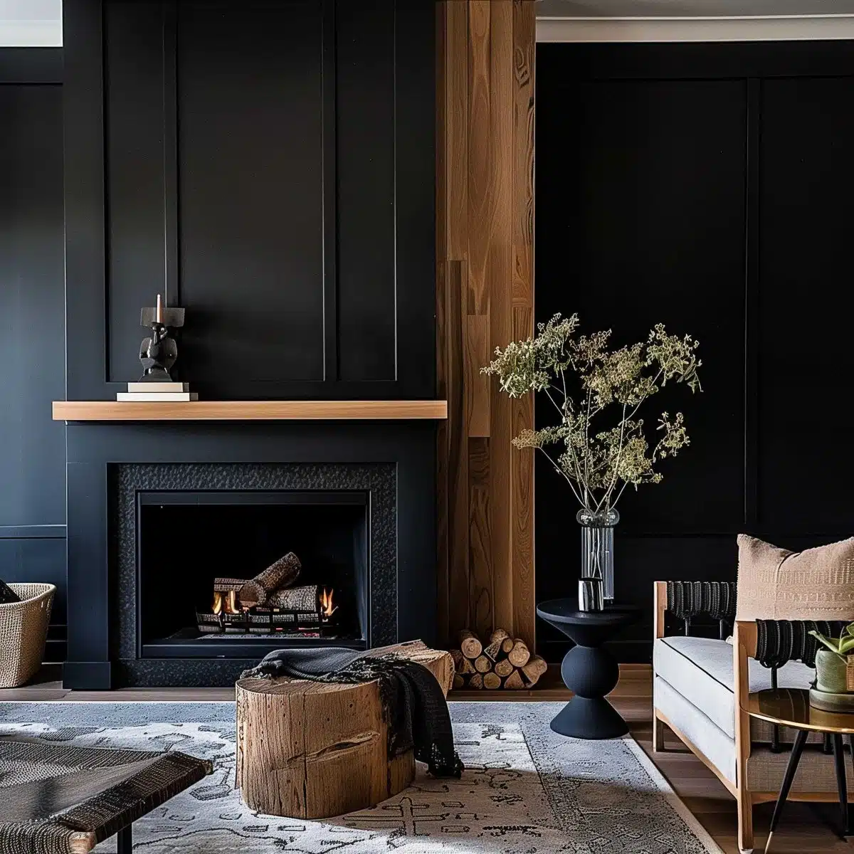black_fireplace_wall (48) A modern living room features a black wall with wood panel accents and a lit fireplace. The mantle holds decorative items. Nearby are a vase with branches, a white couch, a wooden coffee table, and a patterned rug. A basket with logs is positioned on the floor.
