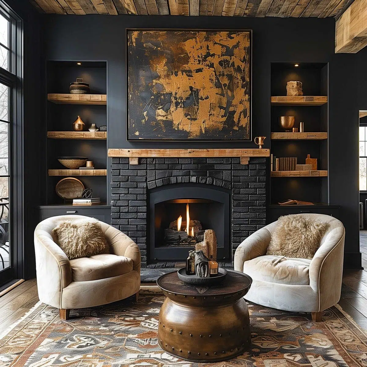 black_fireplace_wall (5) A cozy living room with dark walls and a wooden ceiling features a black brick fireplace adorned with an abstract gold painting. Two plush, cream-colored chairs with fur pillows face a round wooden coffee table. Shelves on either side of the fireplace display decor.