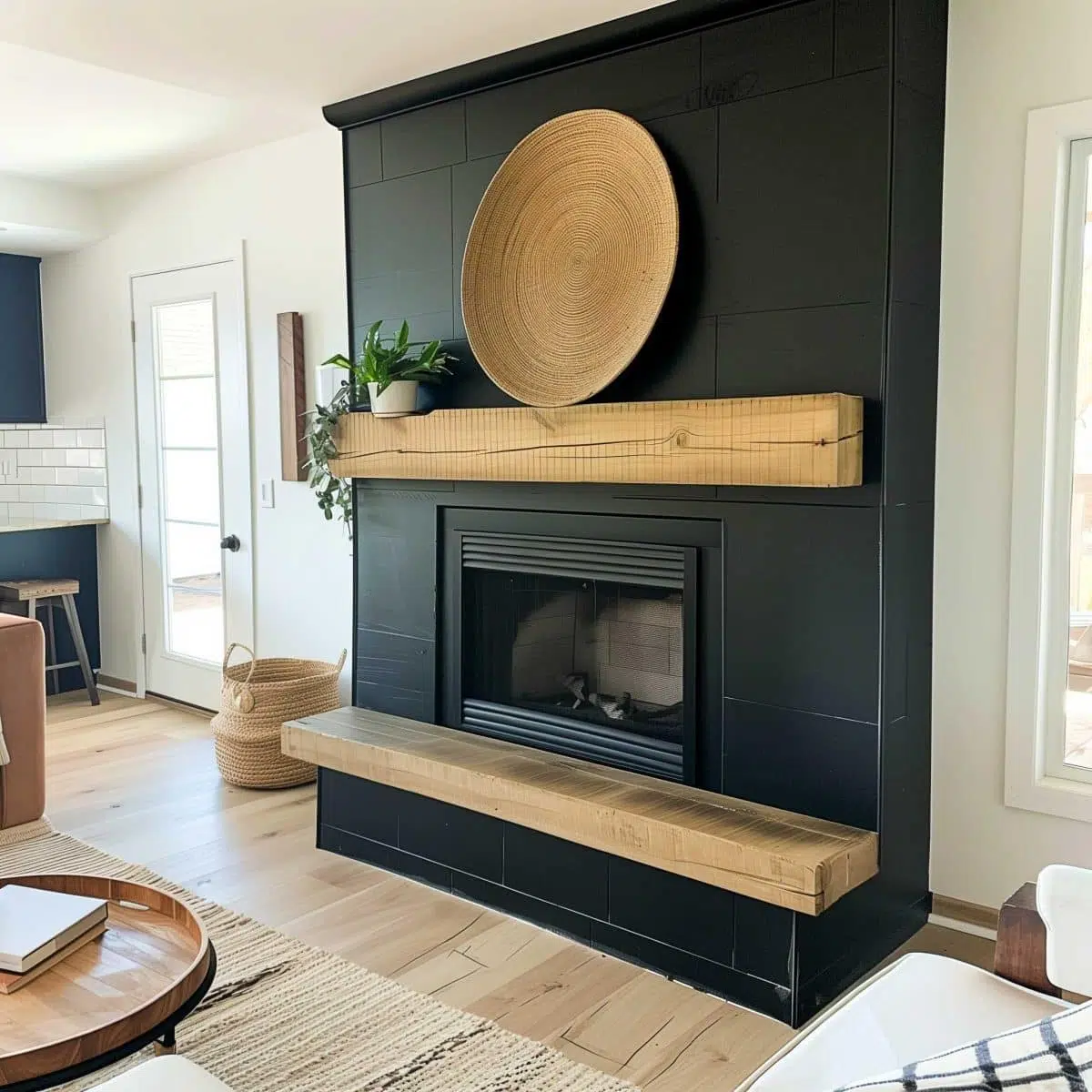 black_fireplace_wall (50) A modern living room features a wooden mantelpiece and hearth framing a black fireplace. A large, woven basket decorates the mantle alongside a plant. Light wooden flooring and neutral decor, including a round coffee table and a woven rug, complete the cozy space.