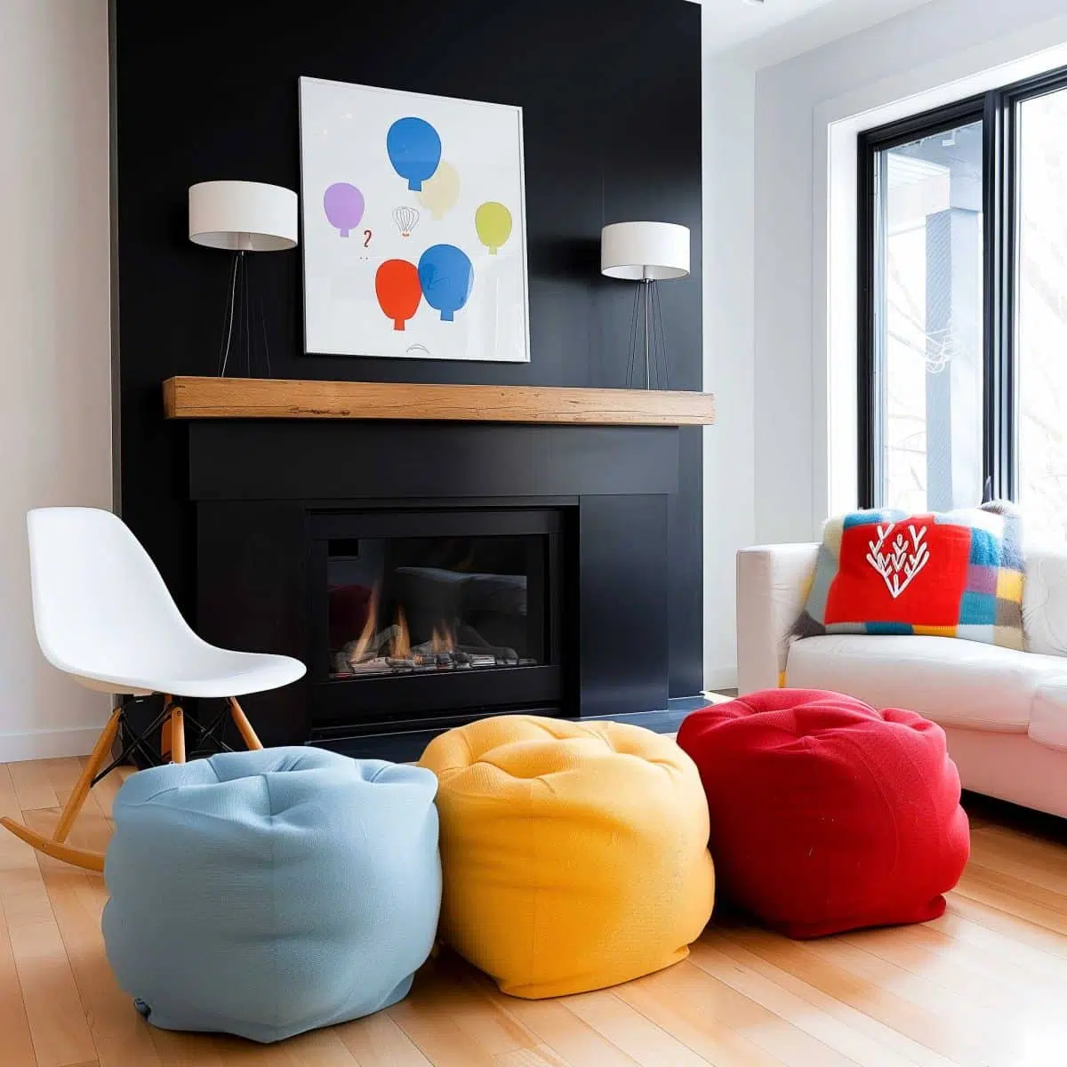 black_fireplace_wall (6) A modern living room with a black fireplace and wooden mantel. Two white wall lamps and a colorful artwork featuring speech bubbles hang above. A white rocking chair is on the left, and three poufs (blue, yellow, red) are arranged in front of the fireplace.