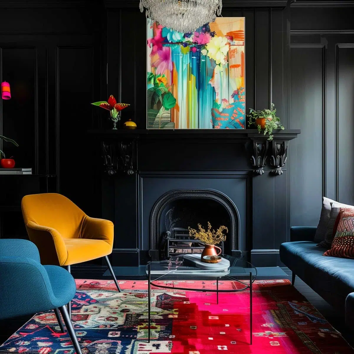 black_fireplace_wall (7) A stylish living room features dark walls, a black fireplace with an ornate mantel, and a colorful abstract painting above it. The room is furnished with a yellow chair, a blue chair, a dark blue couch, and a glass coffee table. The floor showcases a vibrant red area rug.