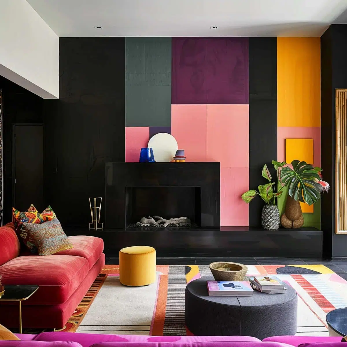black_fireplace_wall (8) A vibrant, modern living room with a black fireplace center, surrounded by multicolored abstract wall panels. A large red sofa and a small yellow stool sit on a geometric-patterned rug. Decorative plants, books, and ceramic items adorn the space.