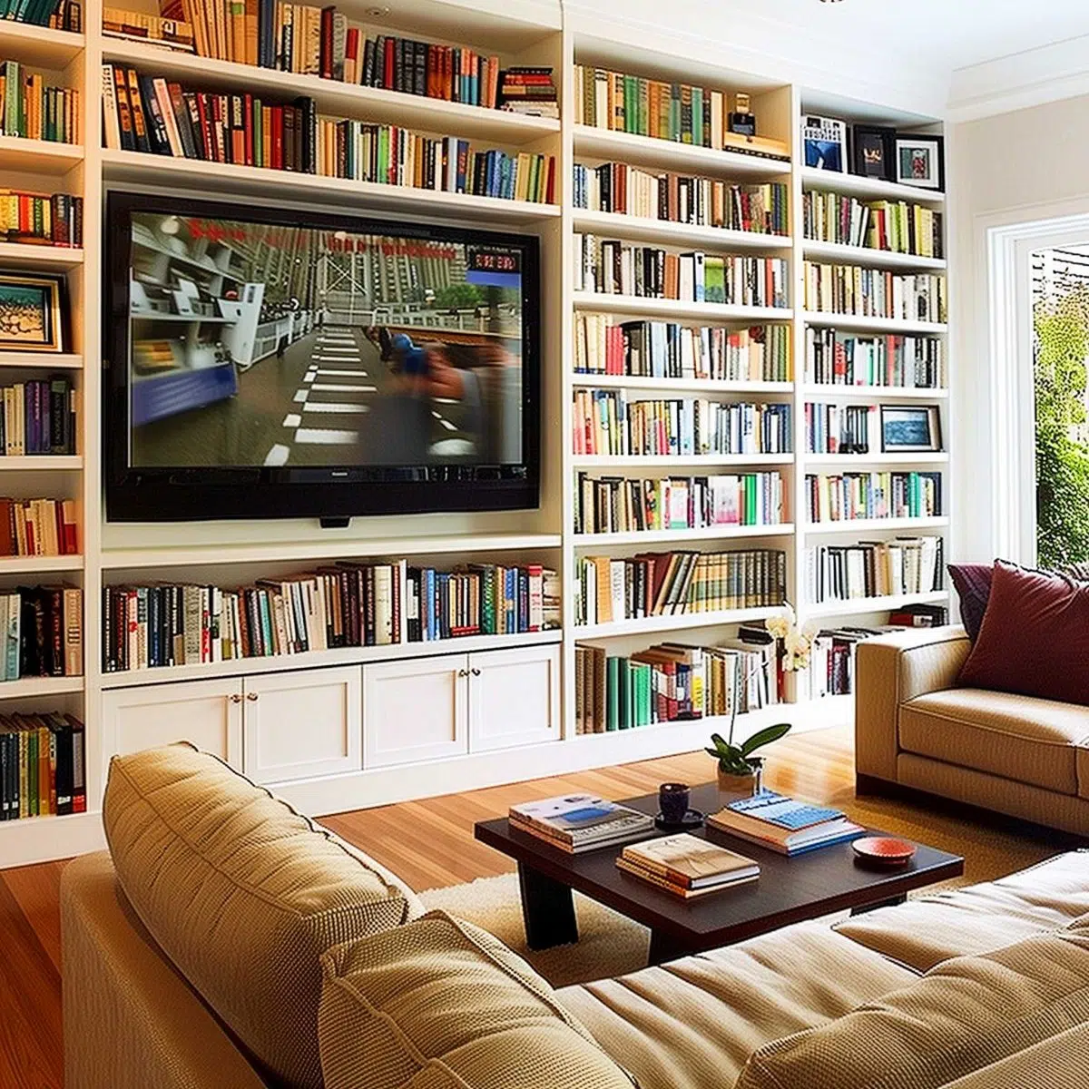 A cozy living room features a wall-to-wall bookshelf filled with books and a large flat-screen TV. Beige sofas with colorful cushions face a wooden coffee table, and a large window lets in natural light, illuminating the room.