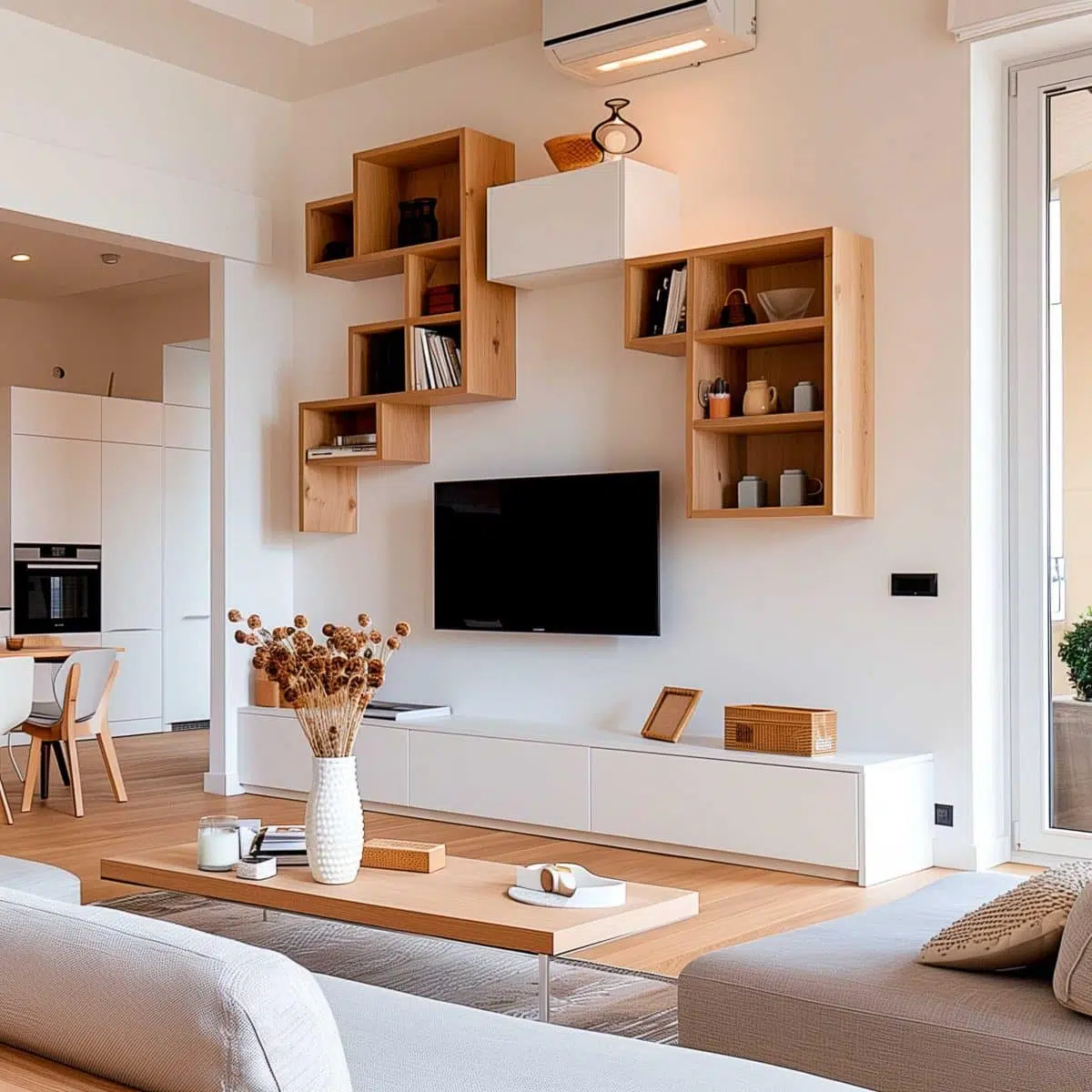 A modern, minimalistic living room featuring a large wall-mounted flat screen TV, geometric wooden shelving with decorative items, and a light-colored, cushioned sofa. A wooden coffee table with a white vase holding dried flowers sits in the center.