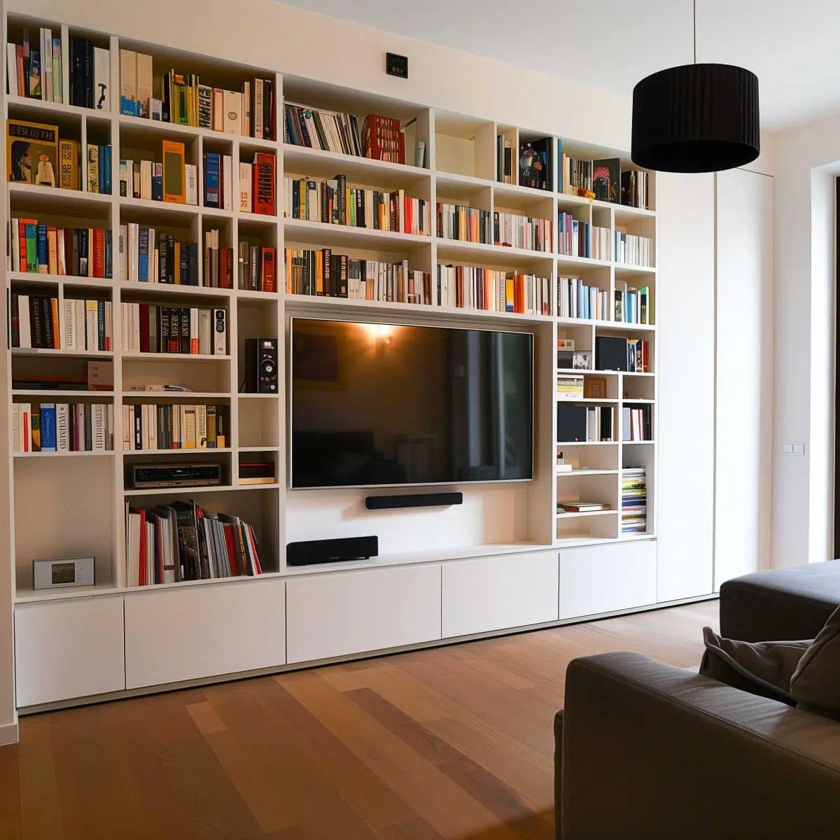 A living room with a wall-to-wall white bookshelf filled with books and decor items surrounding a mounted flat-screen TV. Below the TV, there are a soundbar and cabinets. A black pendant light hangs from the ceiling, and a gray sofa is partially visible.