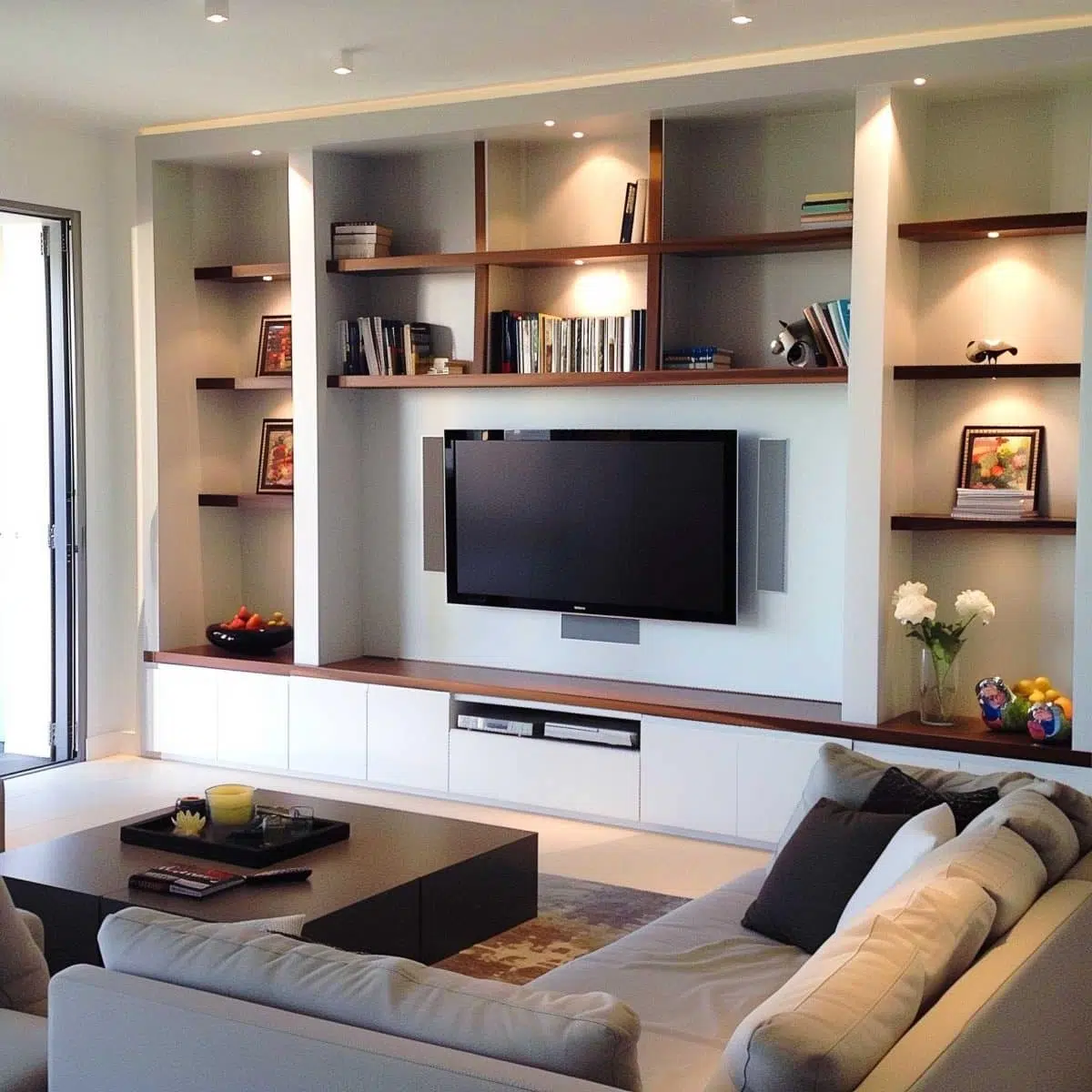 A modern living room featuring a wall-mounted flat-screen TV surrounded by built-in shelves with books, decorations, and framed pictures. A comfortable gray sectional sofa faces the TV, and a dark wooden coffee table holds magazines and a yellow candle.