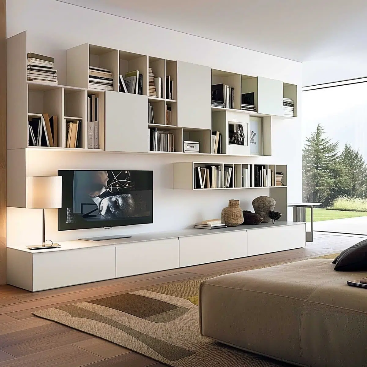 Modern living room with ample natural light features a large wall unit with open and closed shelving filled with books and decorative items. A flatscreen TV and decorative vases are placed on the lower section, with a cozy rug and a large window showing a view.