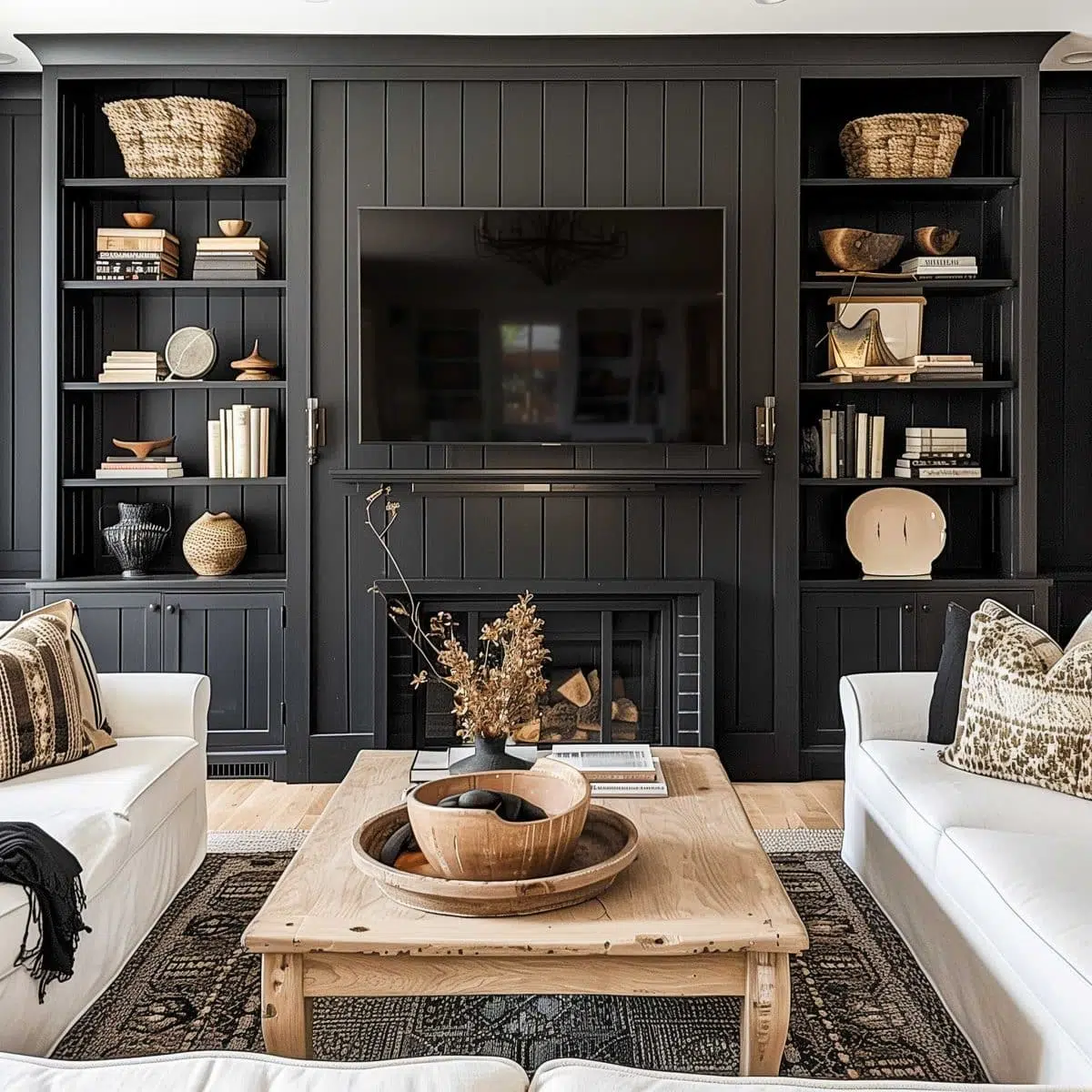 A modern living room features black built-in shelves filled with books and decorative items surrounding a wall-mounted TV. Below the TV is a fireplace. A wooden coffee table with decor pieces sits between two white sofas adorned with patterned pillows.