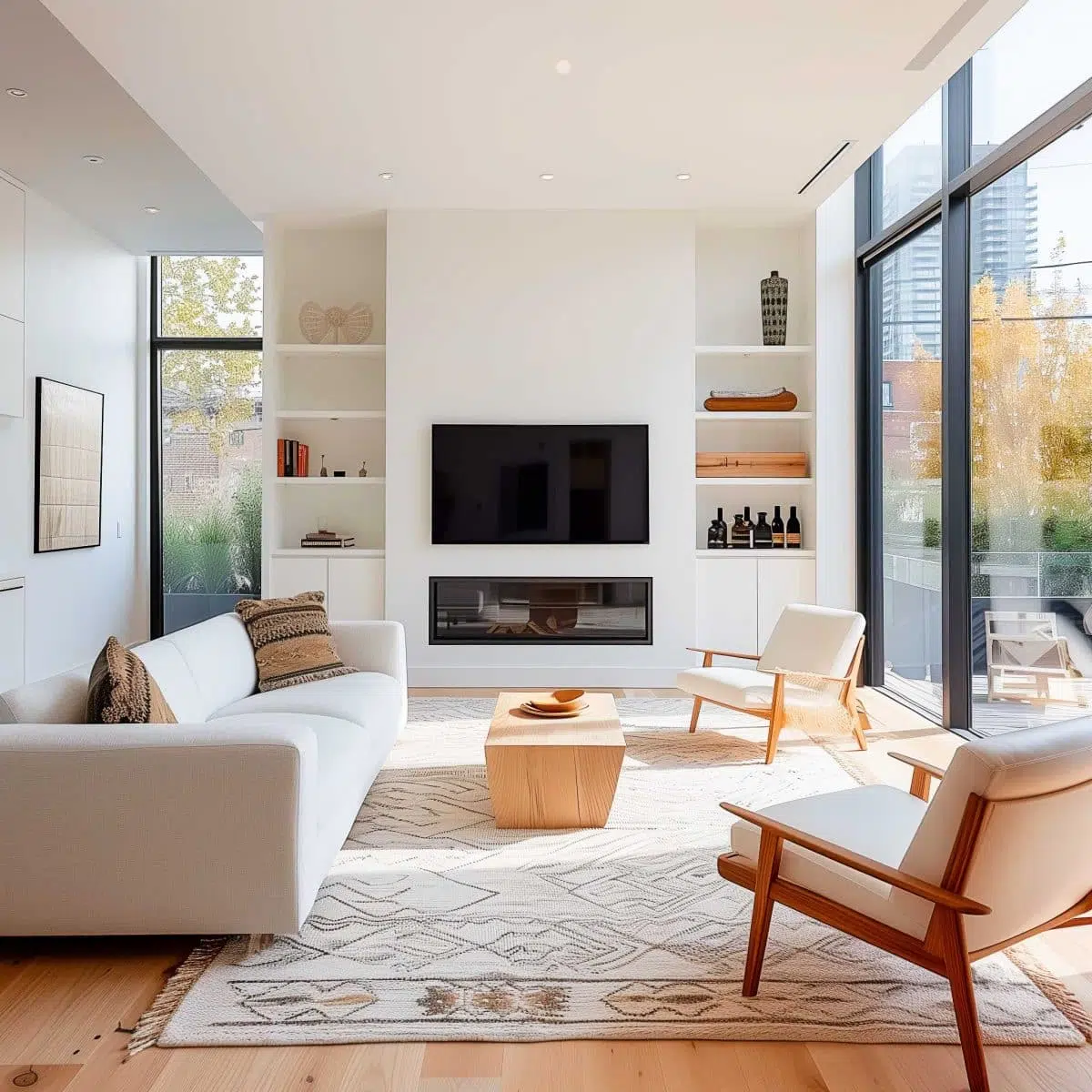 Bright, modern living room with large windows showcasing a city view. The space features a white sofa, wooden coffee table, and two wooden armchairs on a geometric-patterned rug. A flat-screen TV is mounted above a built-in fireplace, flanked by shelves with decor.