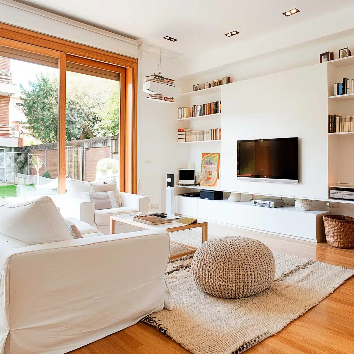 A modern living room with white walls and wooden flooring features a large sliding glass door that opens to a sunny yard. The room has a white sofa, a beige pouf, a TV mounted on a wall, bookshelves, and a woven basket. A neutral-toned area rug covers the floor.