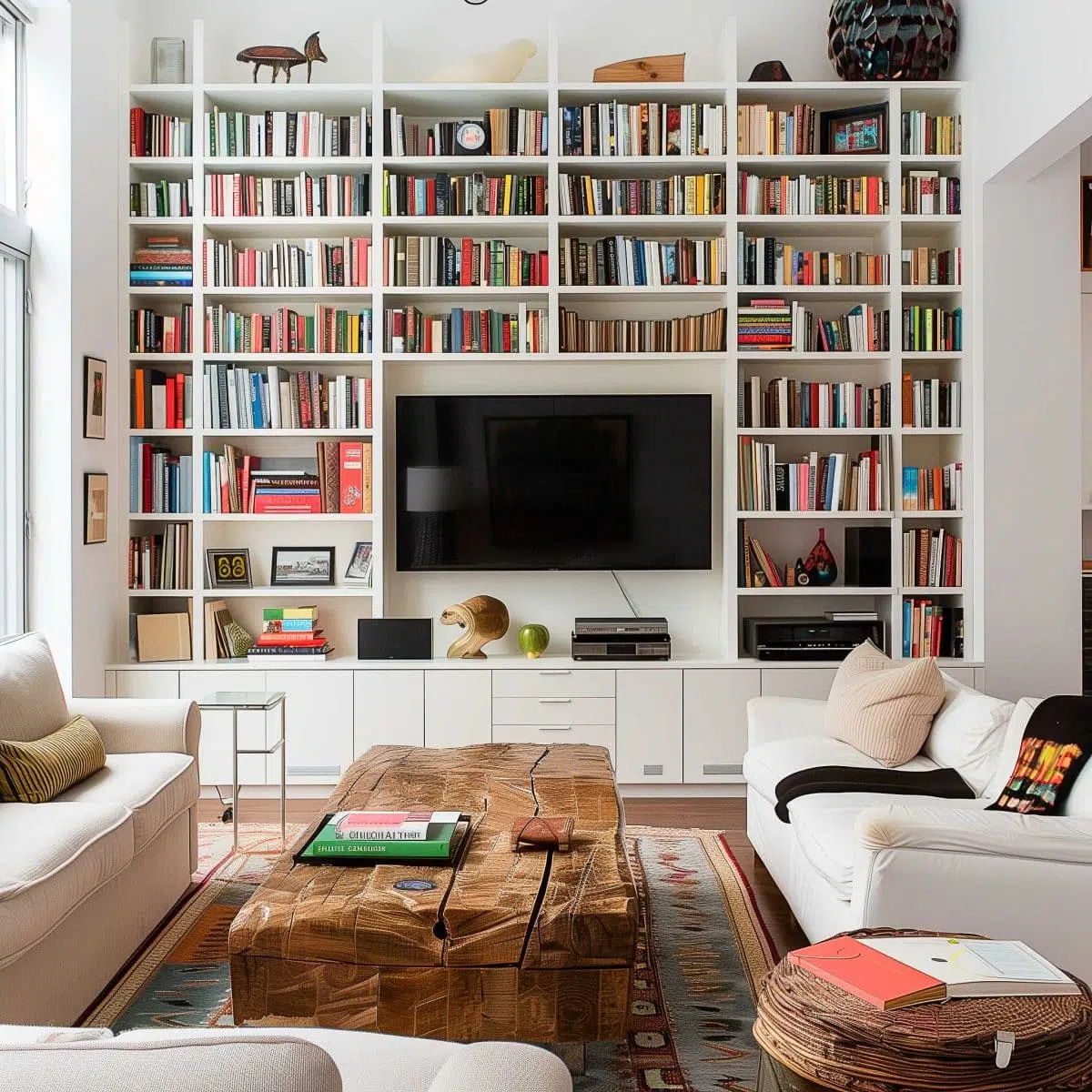 A cozy living room with a large bookshelf filled with colorful books behind a flat-screen TV. Two white sofas face a rustic wooden coffee table with books and decor. The room is well-lit with natural light from windows on the left side.