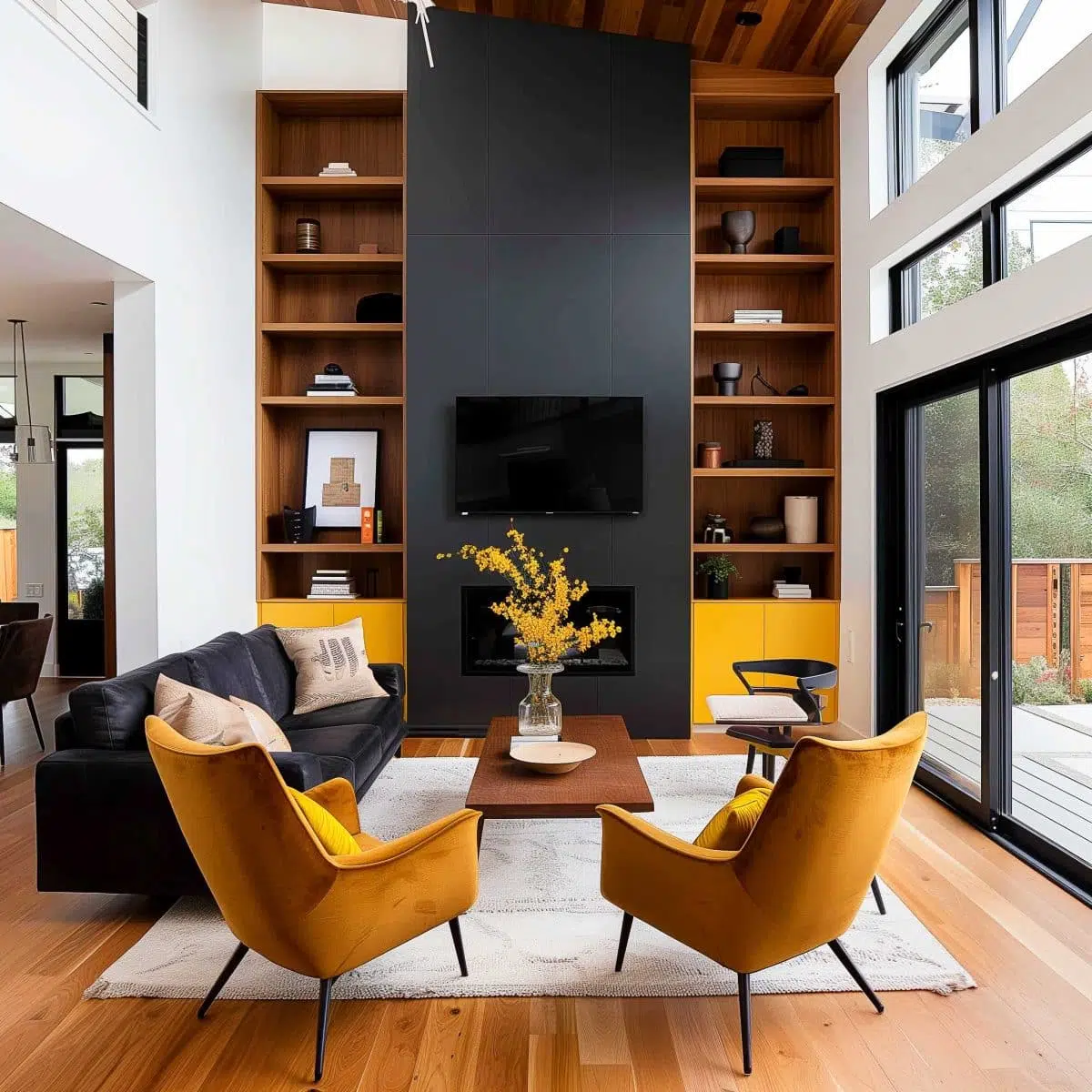 A modern living room with high ceilings, large windows, and a cozy seating area. There is a black sectional sofa, two mustard-yellow armchairs, a wooden coffee table with a floral arrangement, and a black accent wall with shelving and a mounted TV.