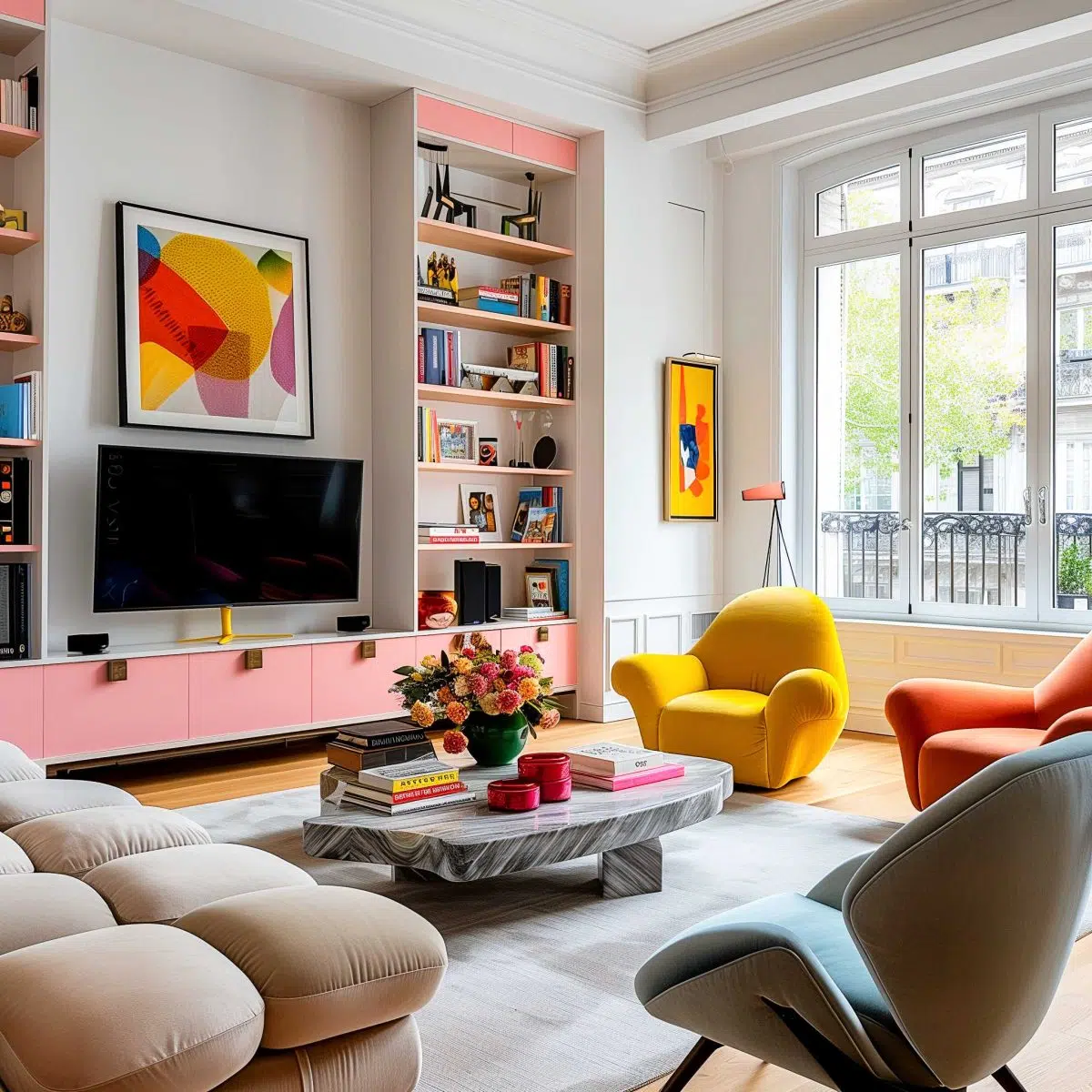 A modern, colorful living room featuring a pink and white bookshelf, a large flat-screen TV, and abstract art. Bright yellow and orange armchairs flank a marble coffee table with books and flowers. Large windows let in natural light, highlighting the light wood floor.