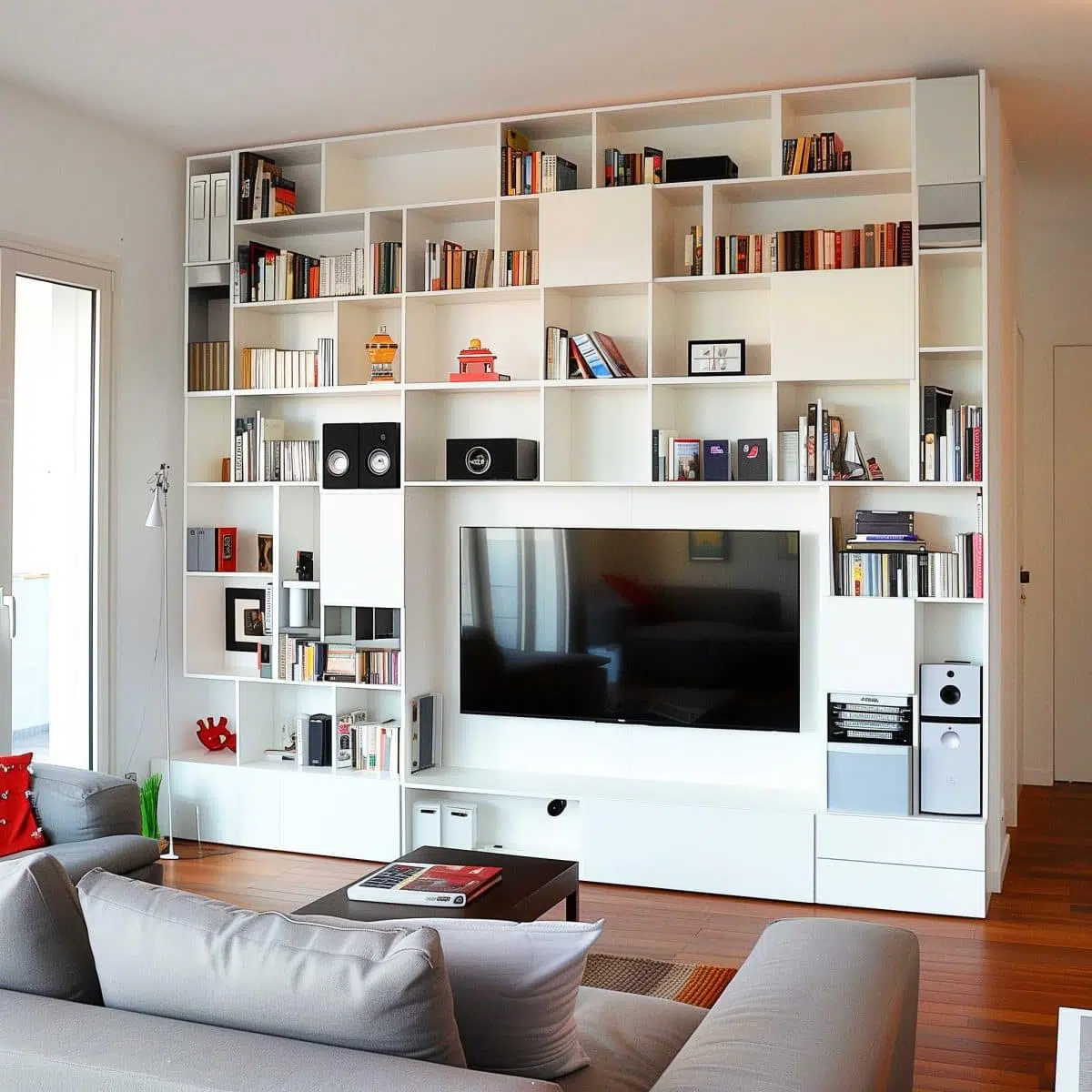 A modern living room with a large white bookshelf covering one wall, filled with books, decor items, and electronic devices. A flat-screen TV is centrally placed within the bookshelf. In the foreground, there's a grey sectional sofa with books and magazines on a coffee table.