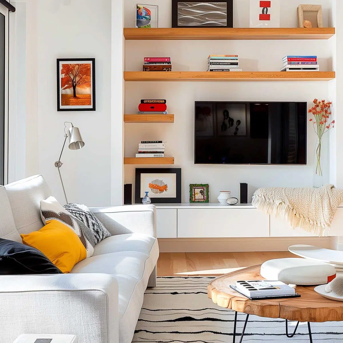 A modern living room with white walls and a light grey sofa decorated with yellow and black pillows. The wall features wooden shelves with books, art, and a TV. A wooden coffee table and a floor lamp complete the space. A rug with a black and white pattern is on the floor.