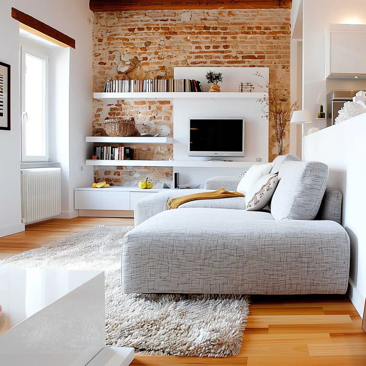 A modern living room with a light gray chaise lounge, textured rug, and wooden flooring. The wall behind features exposed brick and built-in white shelves filled with books and decor items. A flat-screen TV is mounted on the wall above additional white cabinetry.