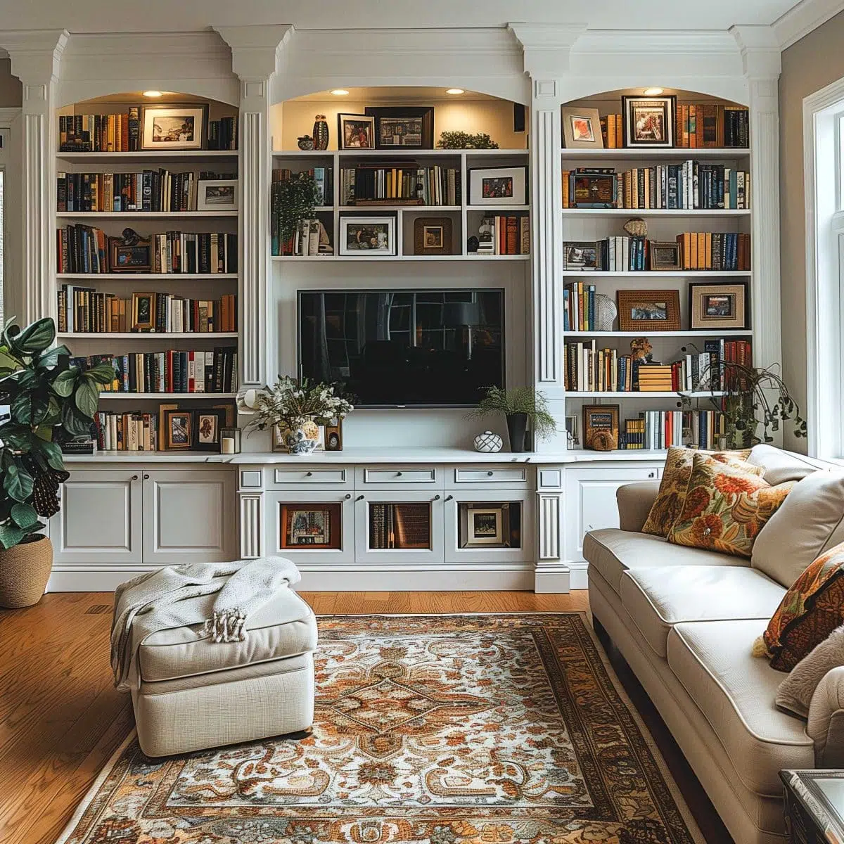 A cozy living room with a built-in bookshelf surrounding a flat-screen TV. The shelves are filled with books and decorative items. A plush sofa with patterned pillows and a matching ottoman are placed on a detailed rug. Green plants add a touch of nature.