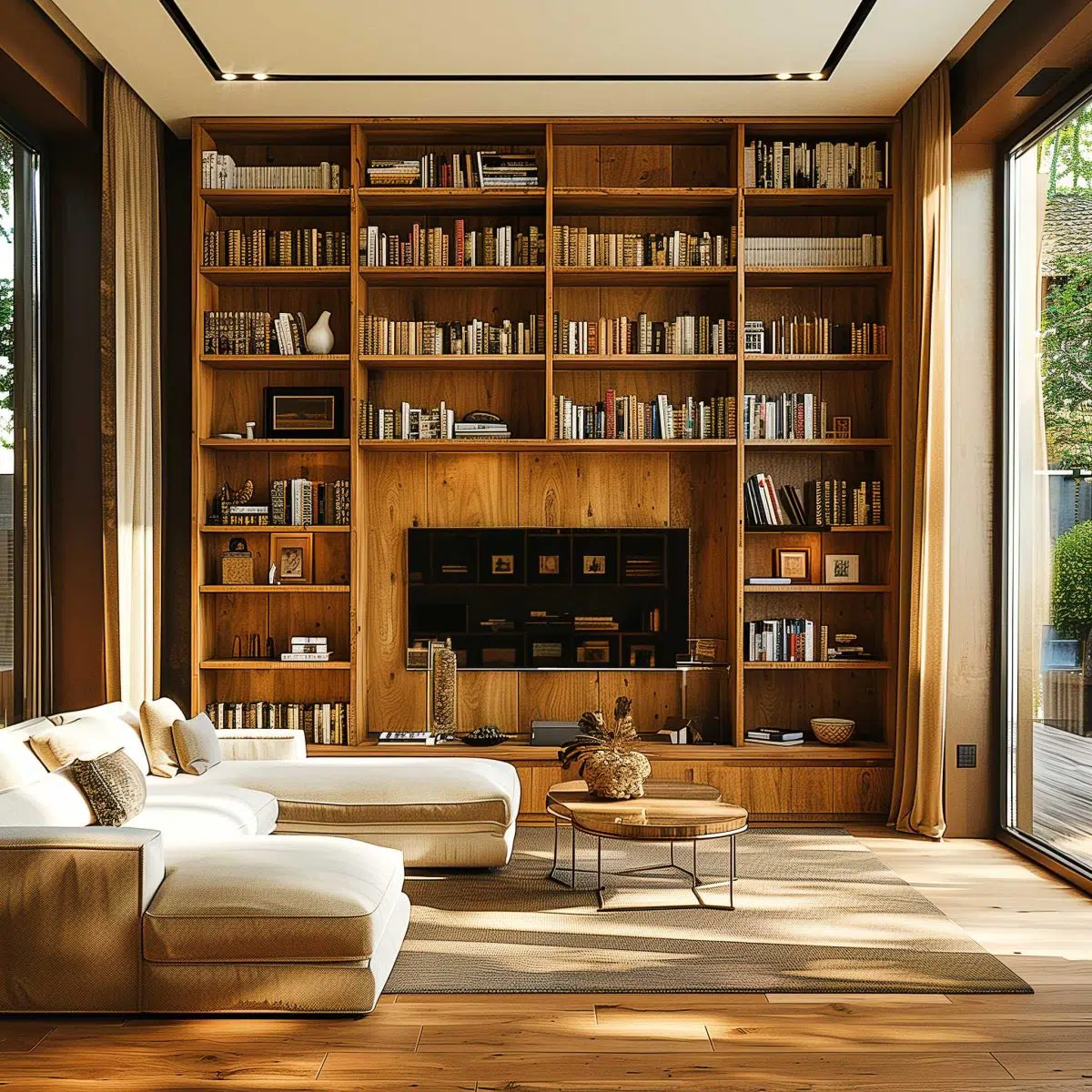 A cozy living room features a floor-to-ceiling wooden bookshelf filled with books and decorative items. A white sectional sofa with chaise lounge sits on a textured rug, accompanied by a wooden coffee table. Large windows with beige curtains bring in natural light.