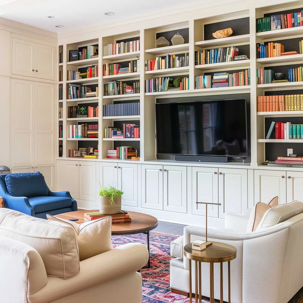 A cozy living room features built-in bookshelves filled with colorful books and decorative items. A large flat-screen TV is centrally mounted. There are comfortable beige and blue armchairs, a wooden coffee table, and a patterned area rug on the floor.