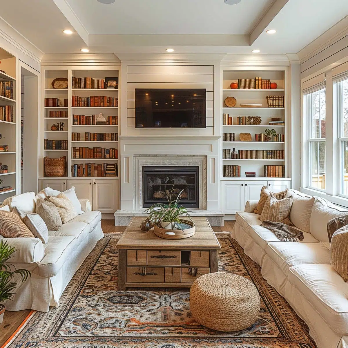 A cozy living room with white walls features two white sofas adorned with beige and white pillows. A wooden coffee table sits in the center on a patterned rug. Behind the table is a fireplace with a TV above it, flanked by shelves filled with books and decor.