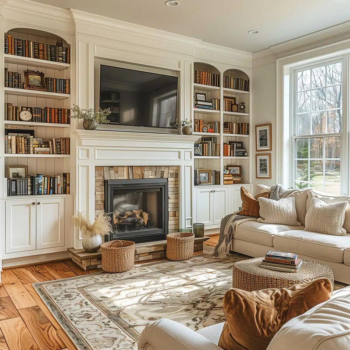 A cozy living room featuring a fireplace with a mounted TV, surrounded by built-in bookshelves filled with books and decor. The room includes a light-colored couch with cushions, a patterned rug, large windows, and wooden floors. Wicker baskets and poufs add warmth.